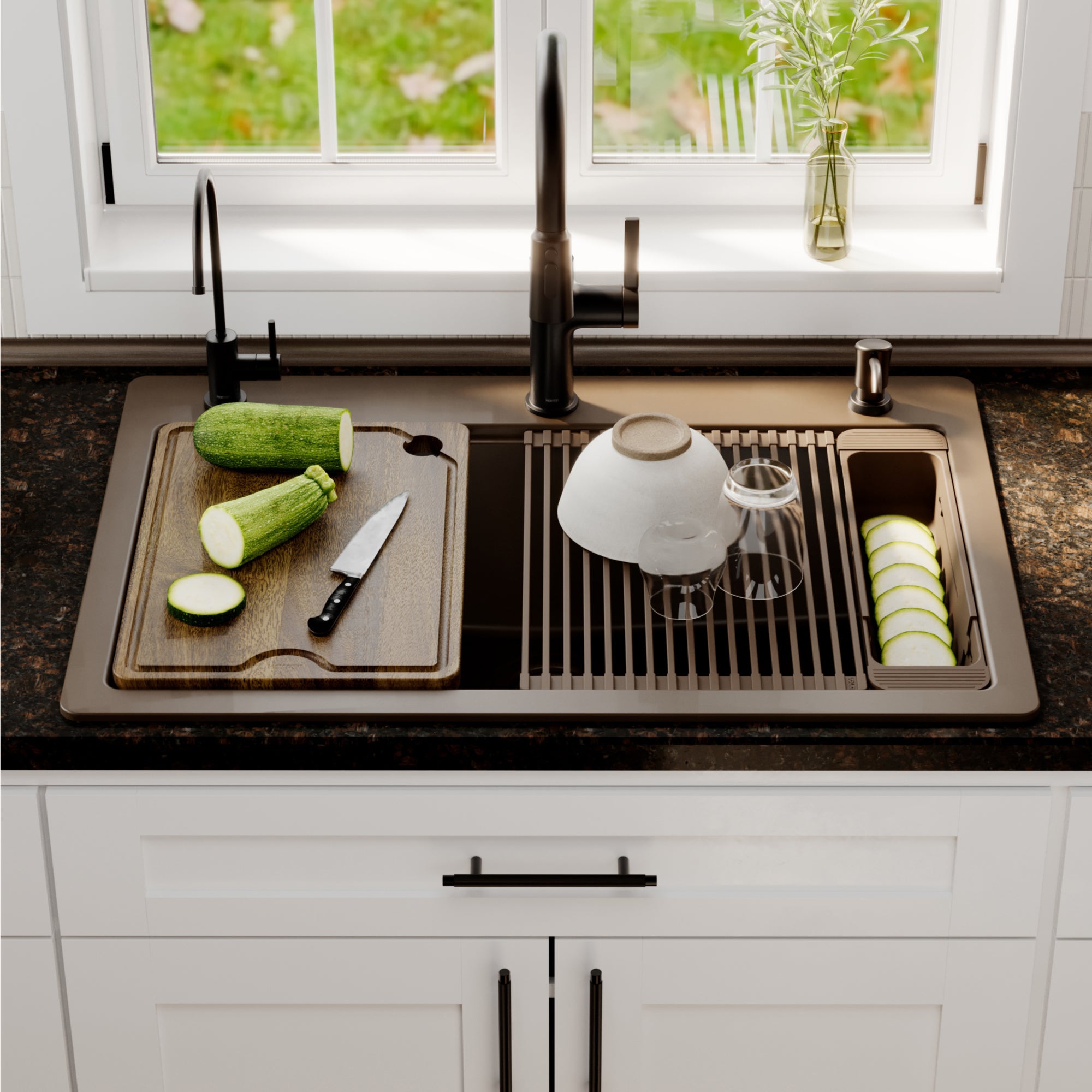 Karran 33 quartz composite workstation kitchen sink brown lifestyle image