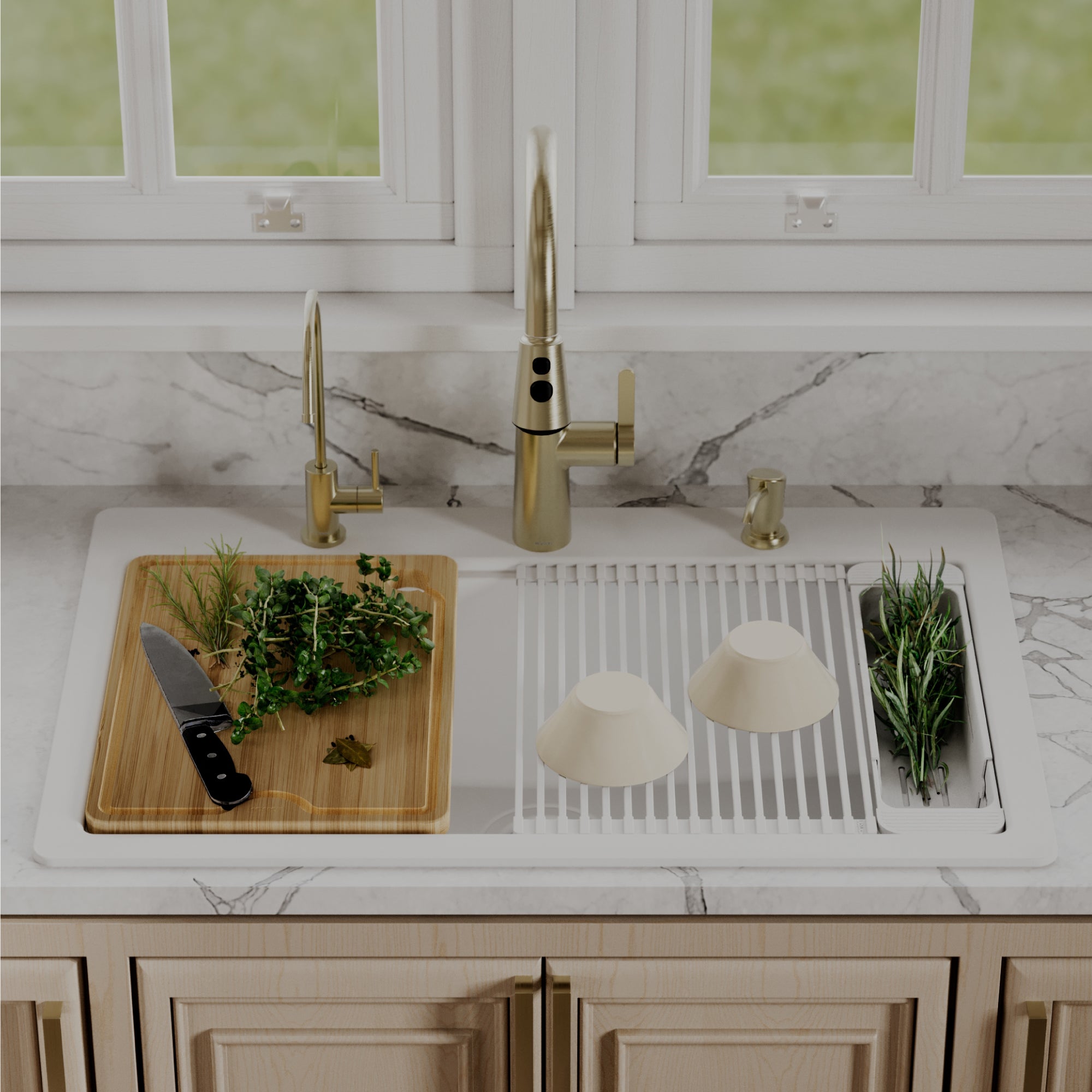 Karran 33 quartz composite workstation kitchen sink white lifestyle image