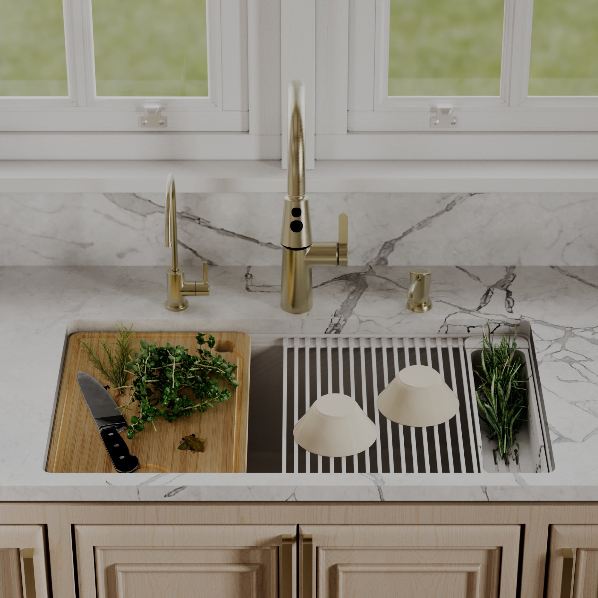 Karran 32 quartz composite workstation kitchen sink white lifestyle image