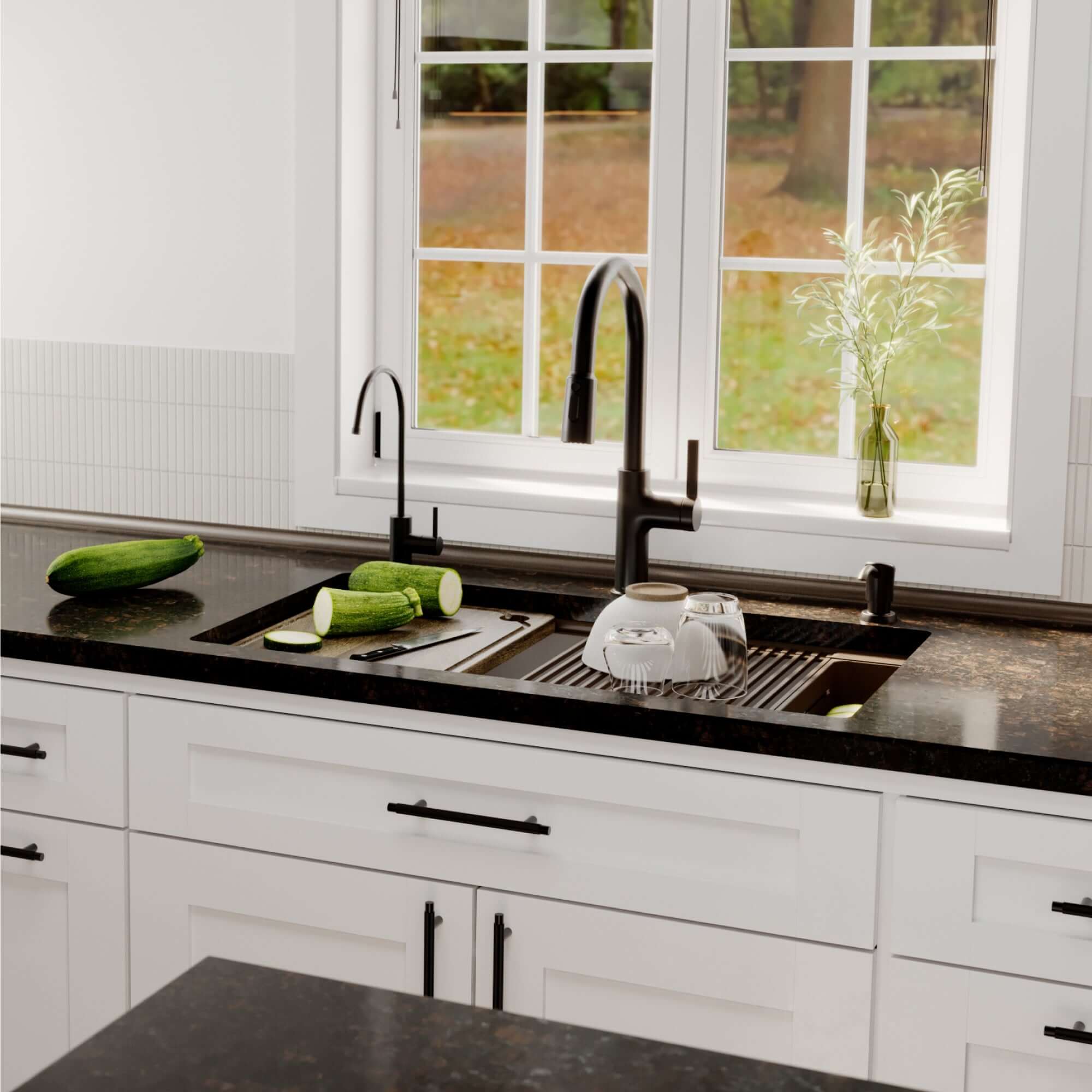 Karran 32 quartz composite workstation kitchen sink brown lifestyle image