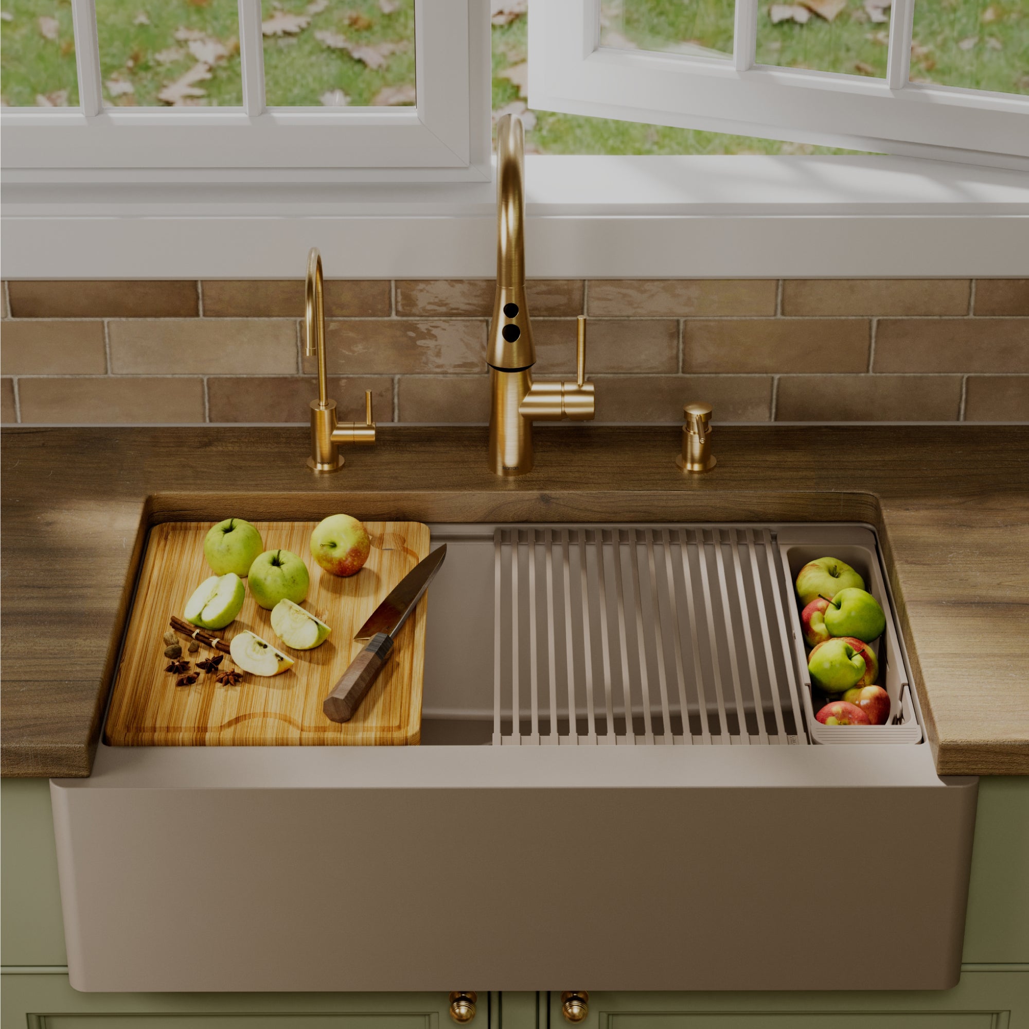 Karran 34 quartz composite workstation farmhouse sink concrete lifestyle image