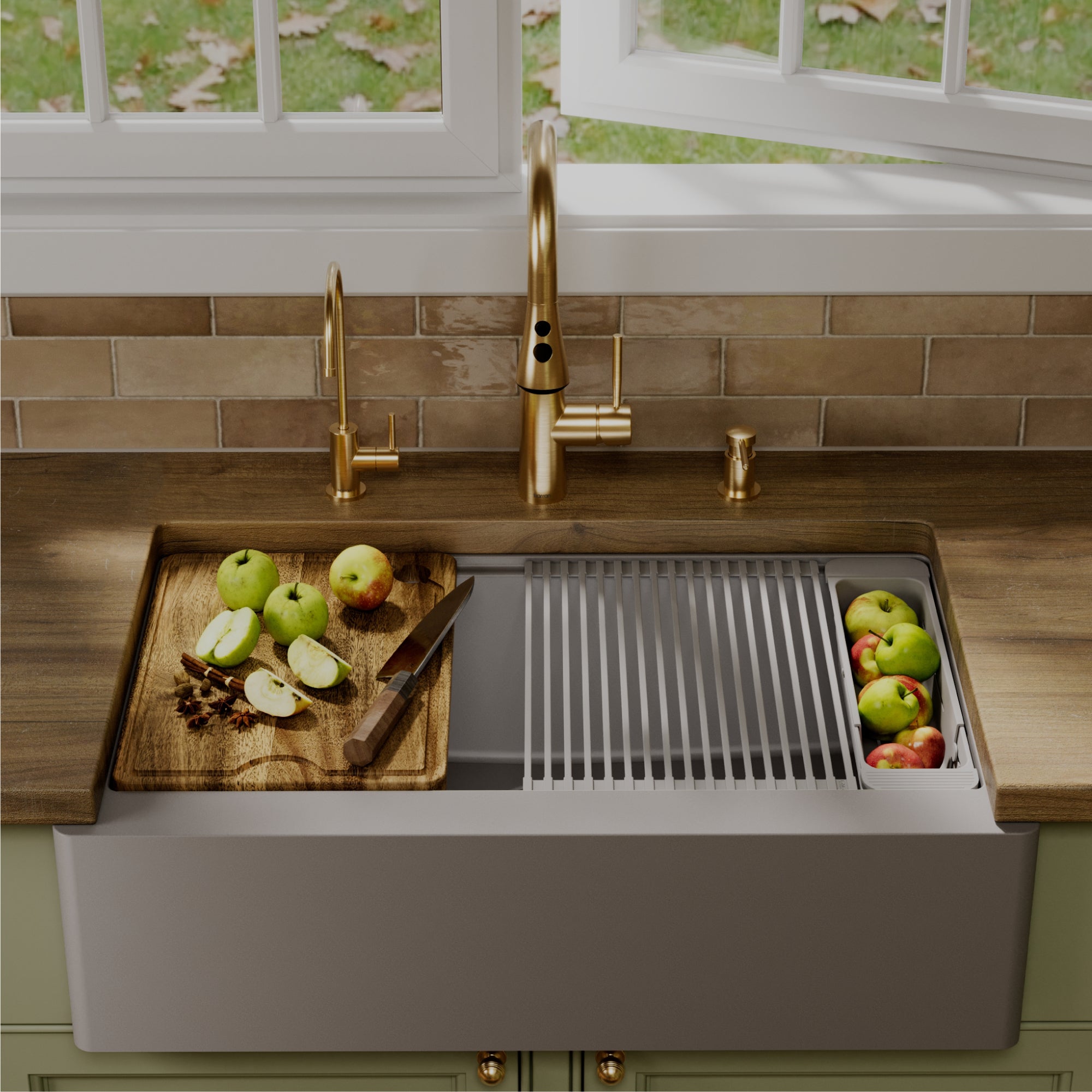 Karran 34 quartz composite workstation farmhouse sink grey lifestyle image