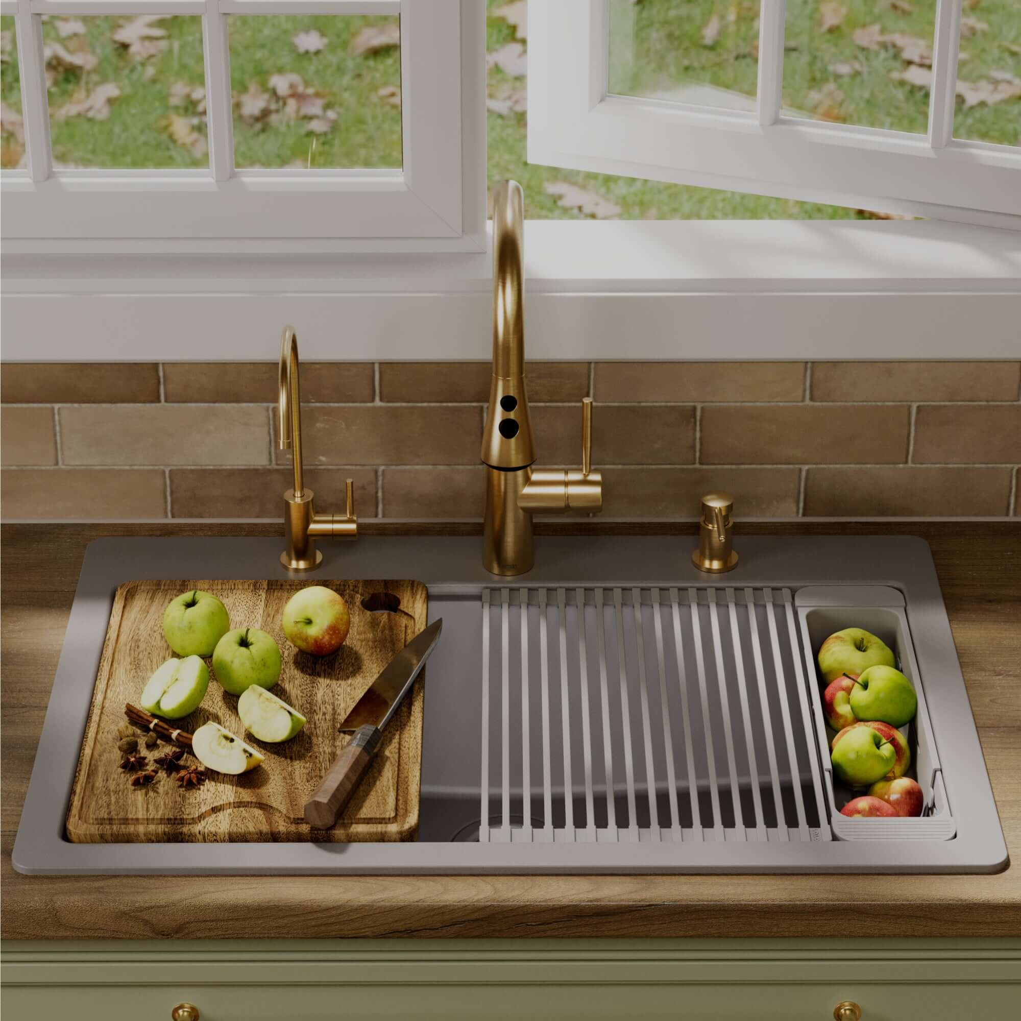 Karran 33 quartz composite workstation kitchen sink grey lifestyle image