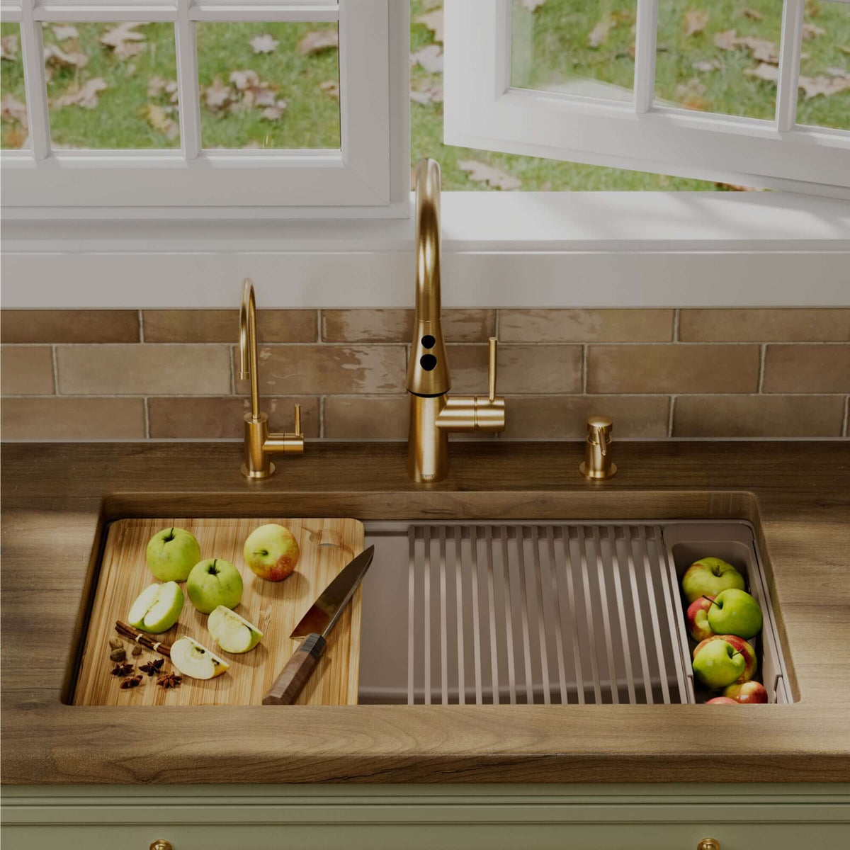 Karran 32 quartz composite workstation kitchen sink concrete lifestyle image