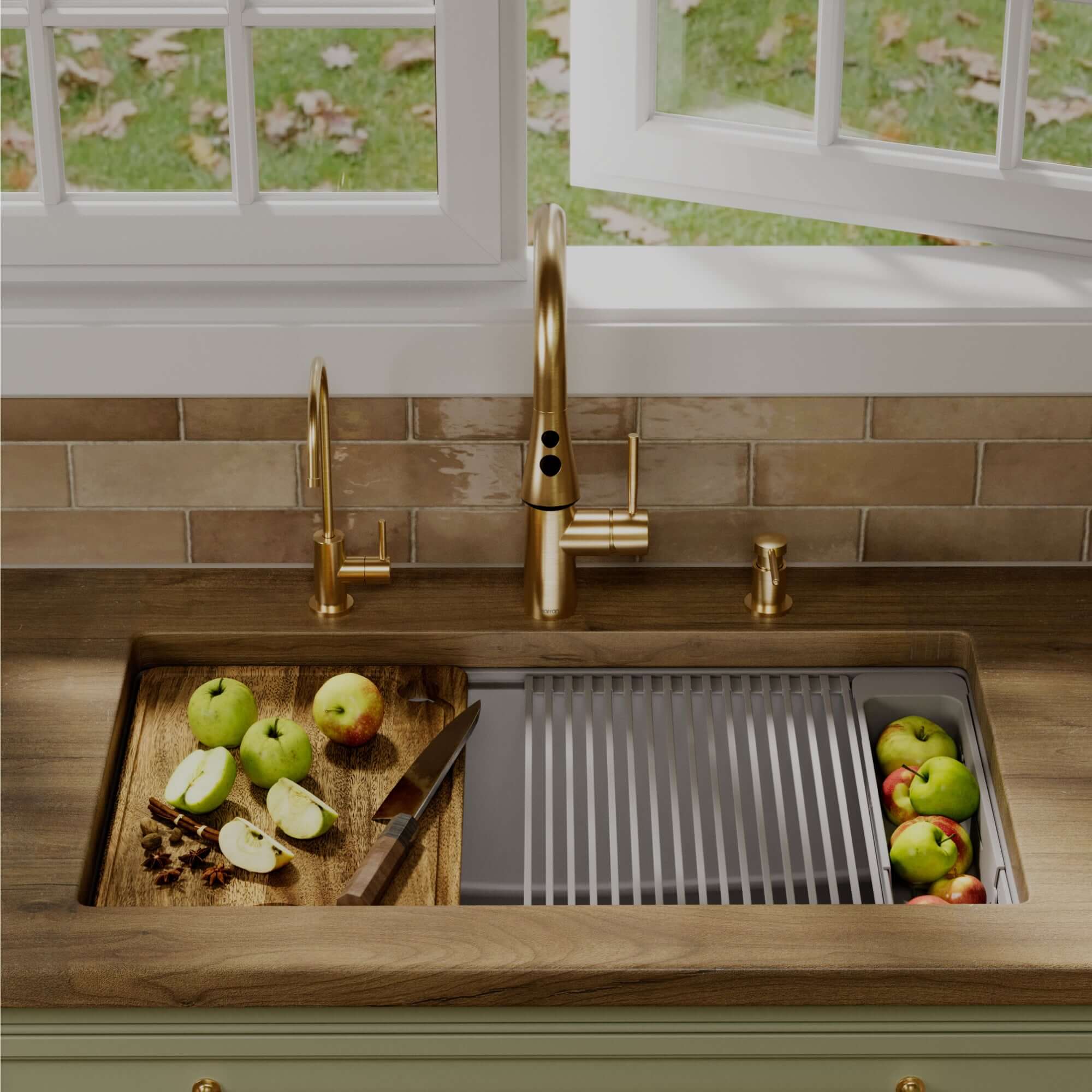Karran 32 quartz composite workstation kitchen sink grey lifestyle image