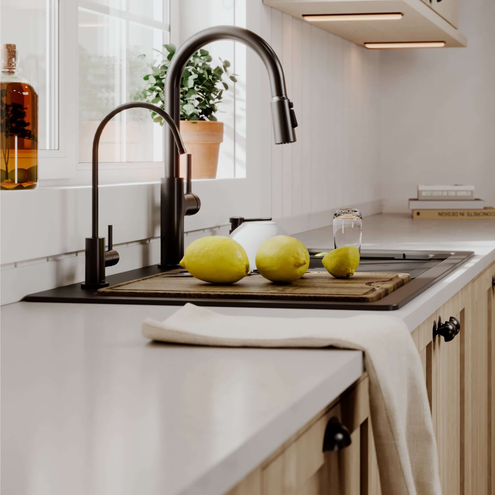 Karran 33 quartz composite workstation kitchen sink 50/50 double bowl black lifestyle image