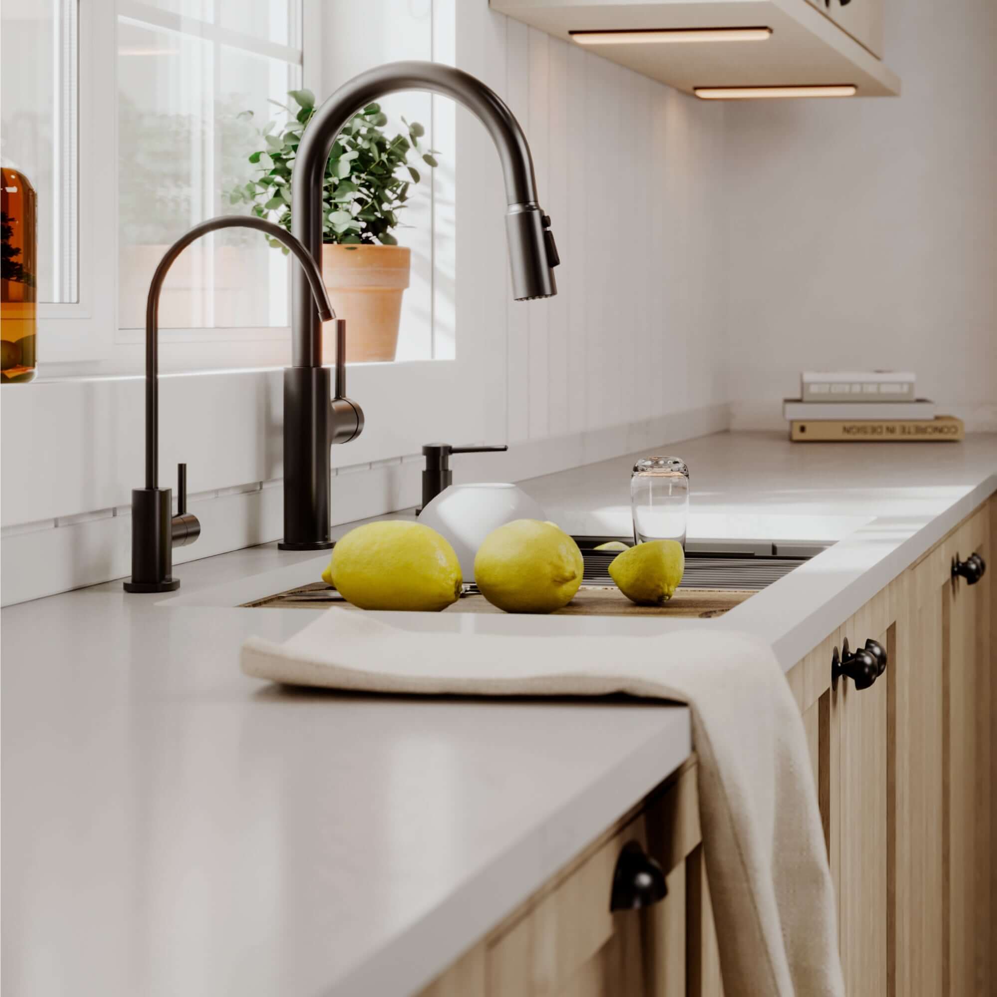 Karran 32 quartz composite workstation kitchen sink 50/50 double bowl black lifestyle image