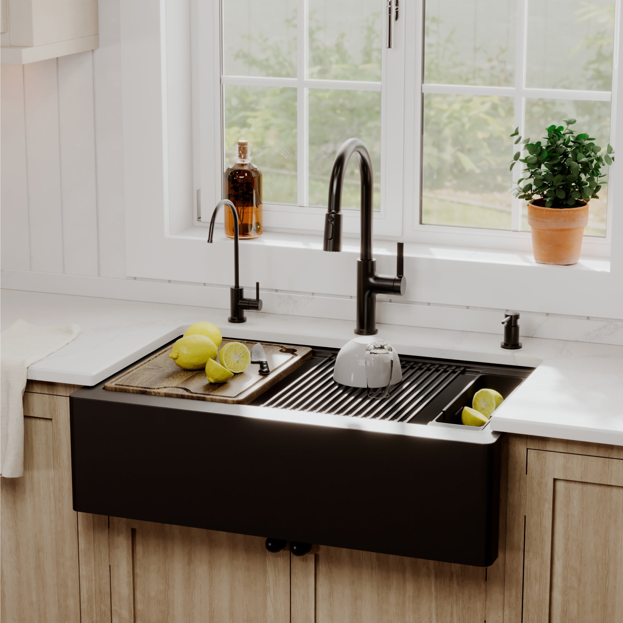 Karran 34 quartz composite workstation farmhouse sink black lifestyle image