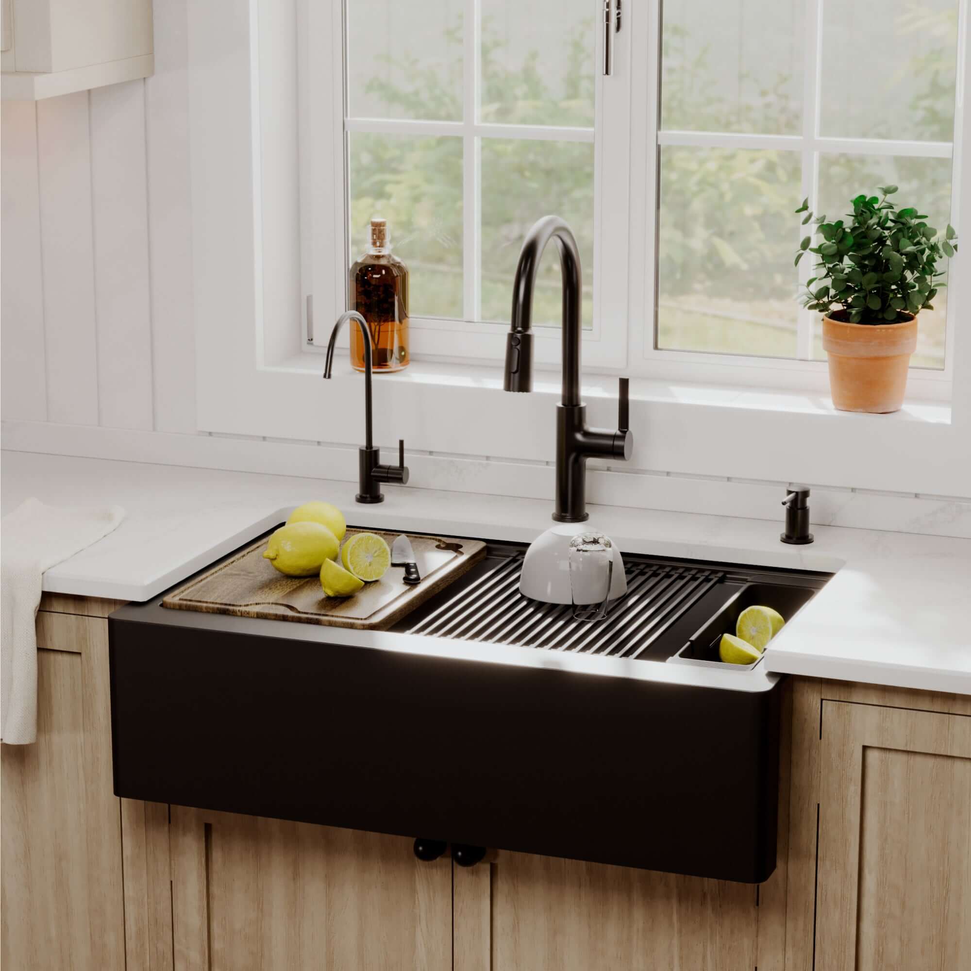 Karran 34 quartz composite workstation farmhouse sink black lifestyle image