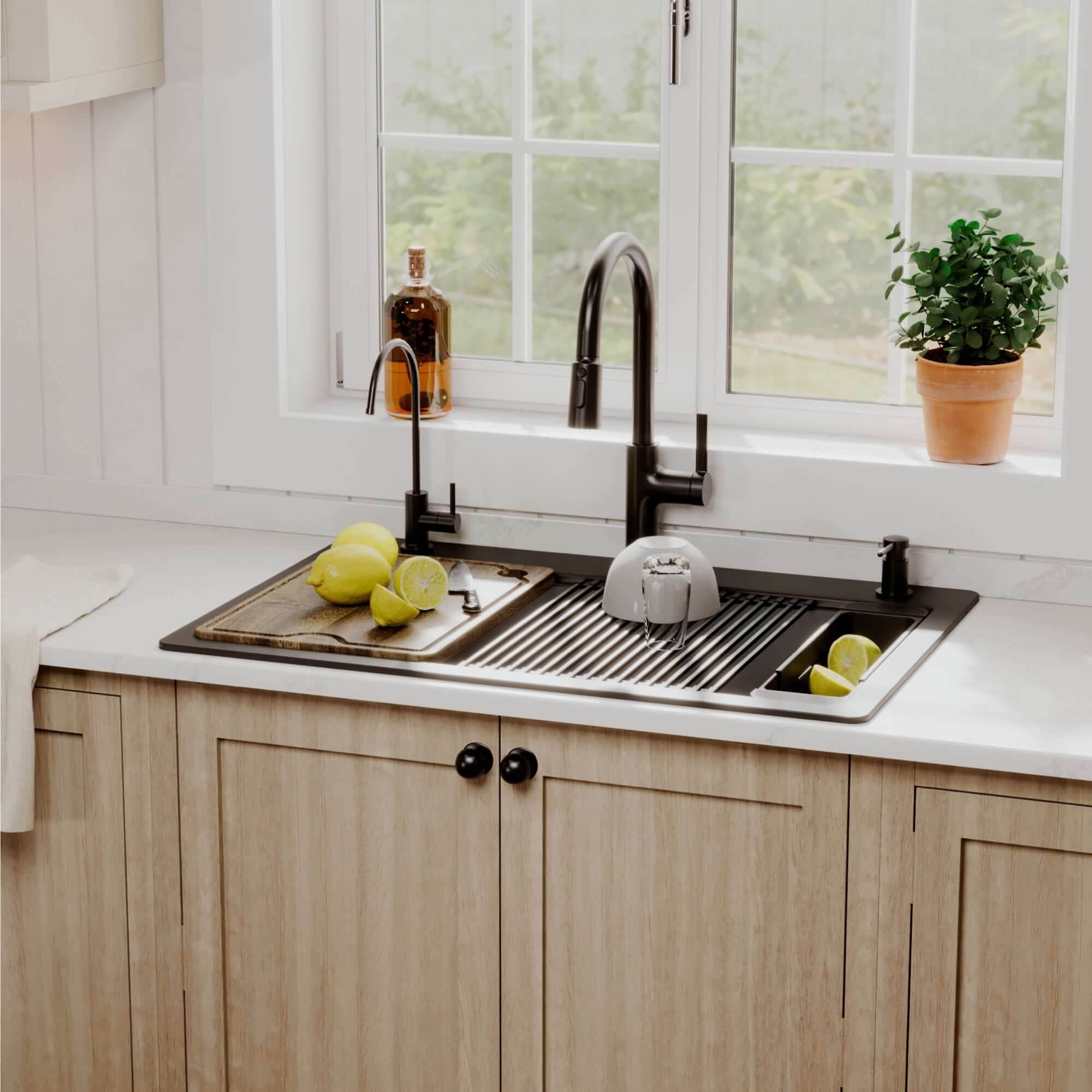 Karran 33 quartz composite workstation kitchen sink black lifestyle image