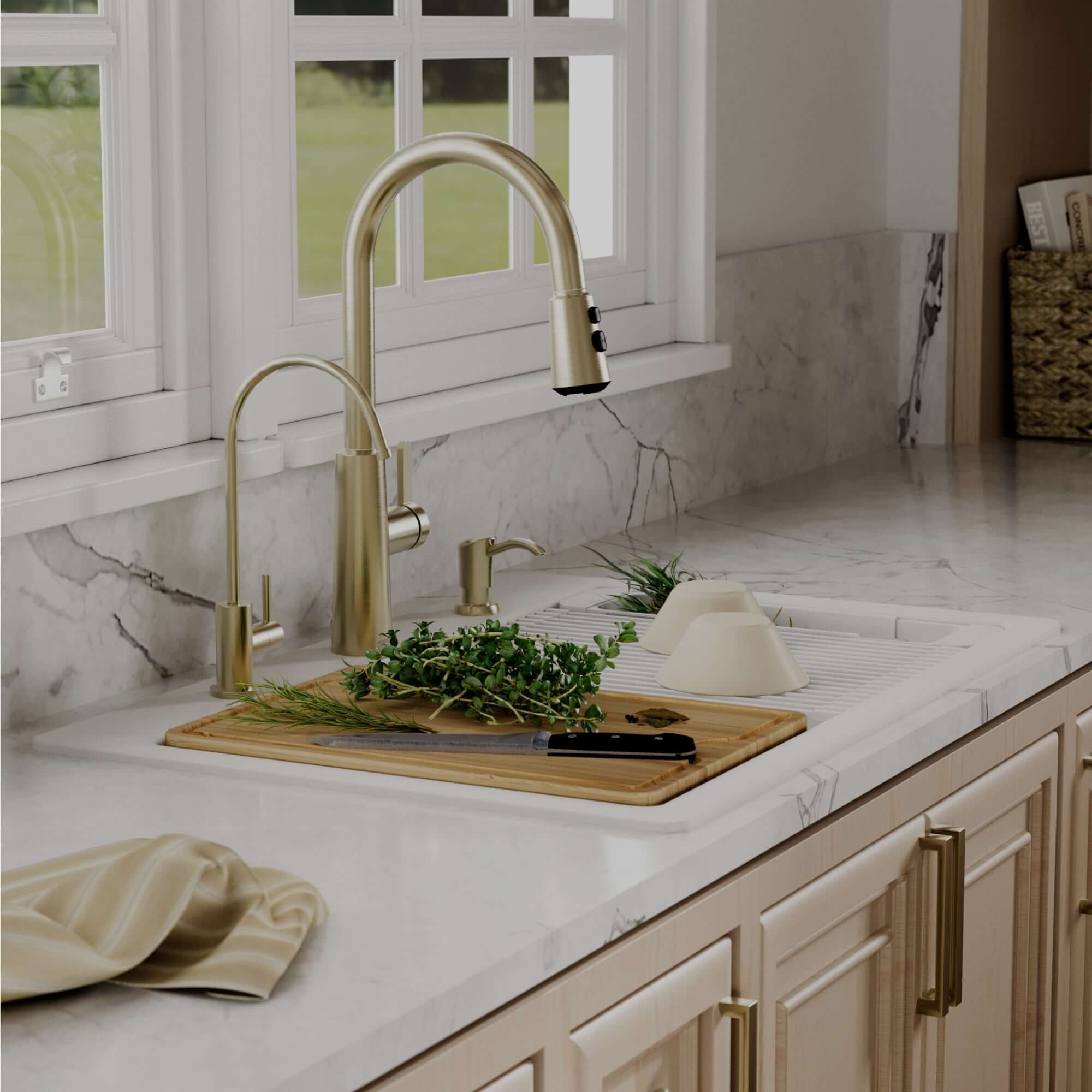 Karran 33 quartz composite workstation kitchen sink 50/50 double bowl white lifestyle image