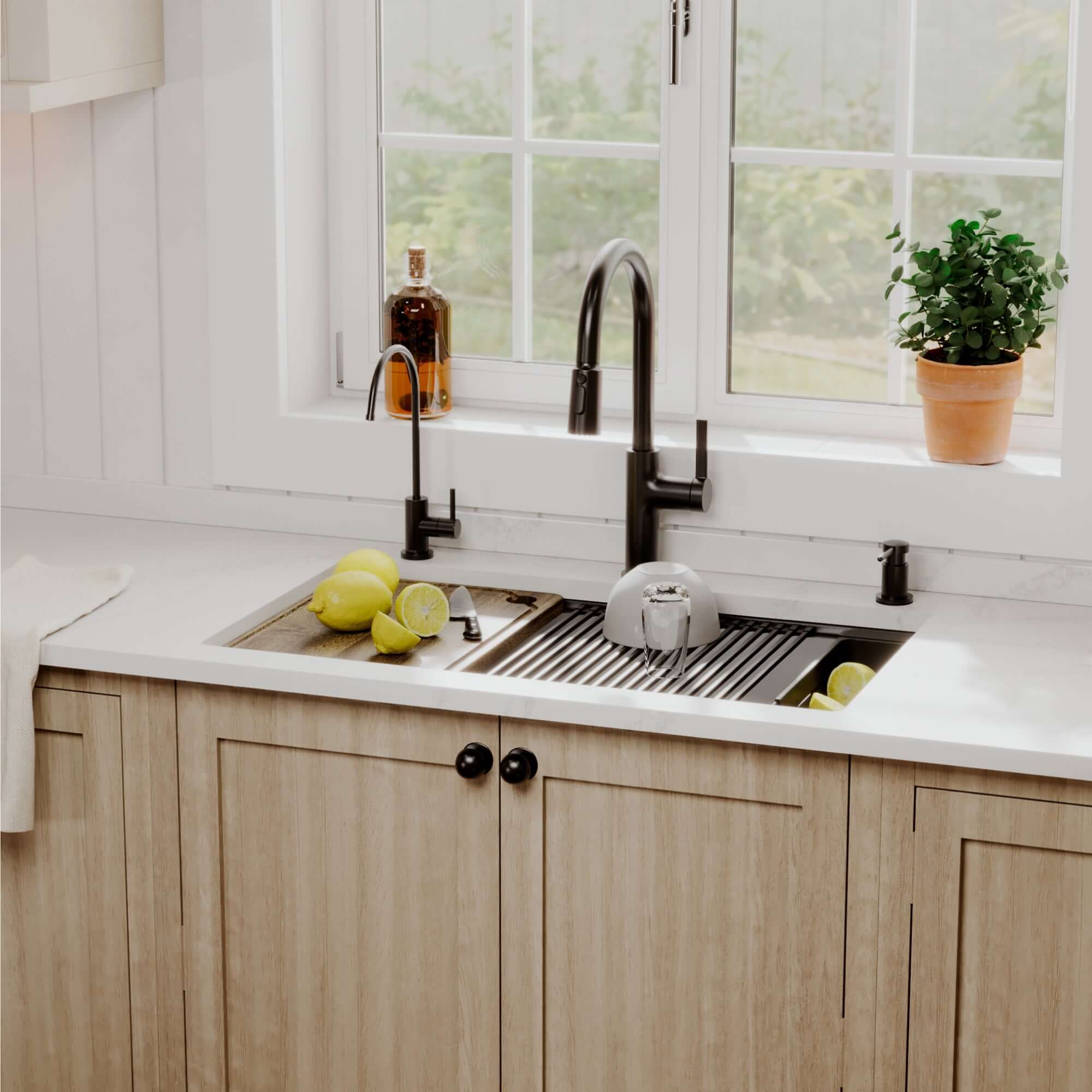 Karran 32 quartz composite workstation kitchen sink black lifestyle image