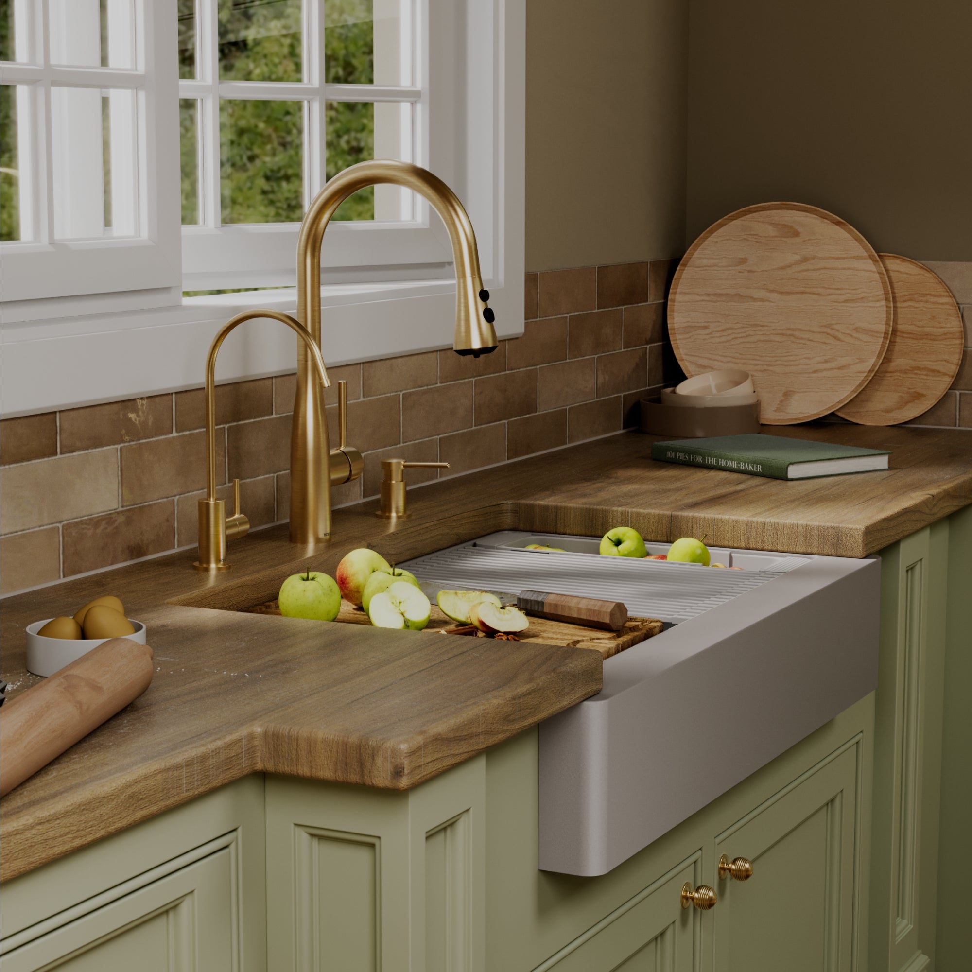 Karran 34 quartz composite retrofit workstation farmhouse sink grey lifestyle image