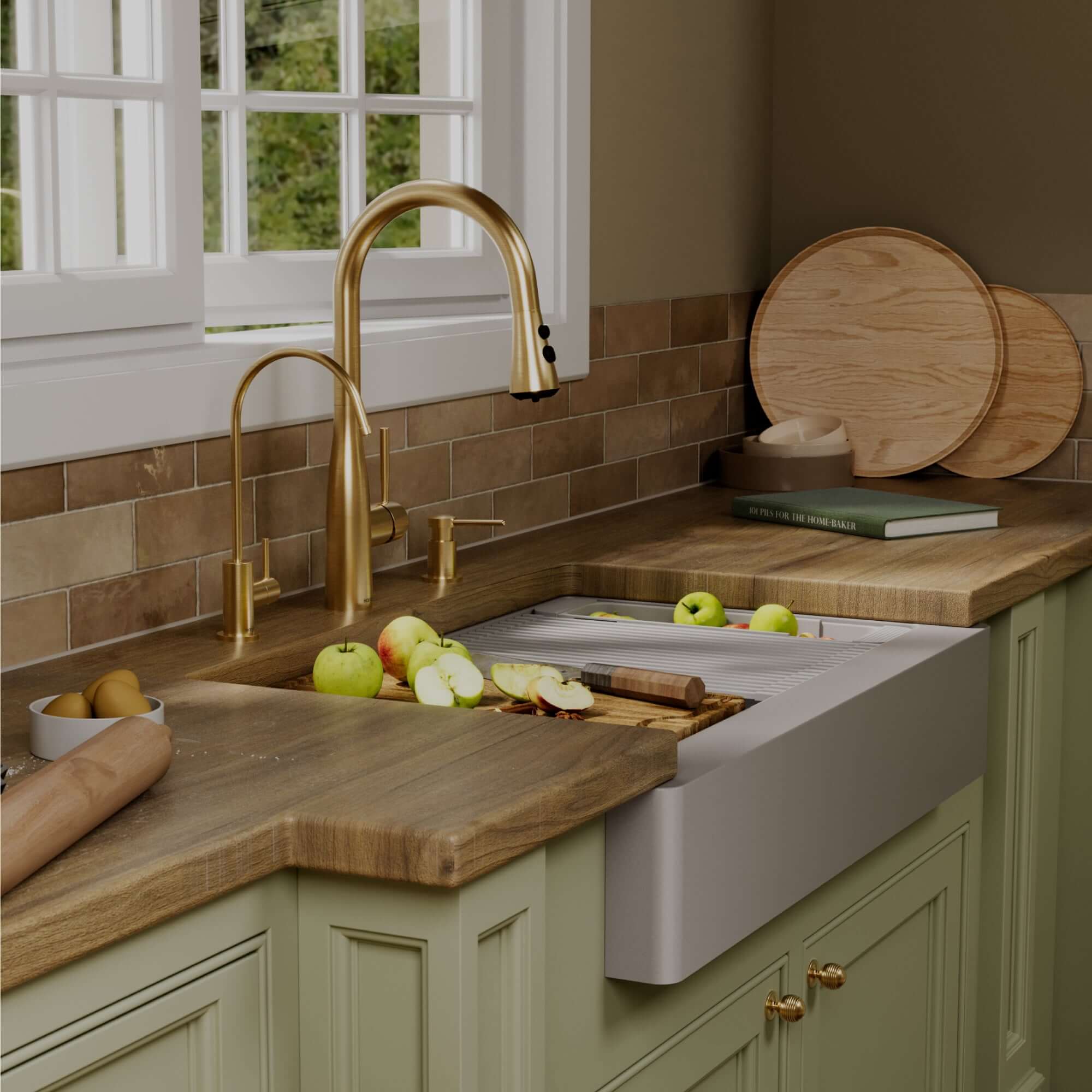 Karran 34 quartz composite retrofit workstation farmhouse sink grey lifestyle image