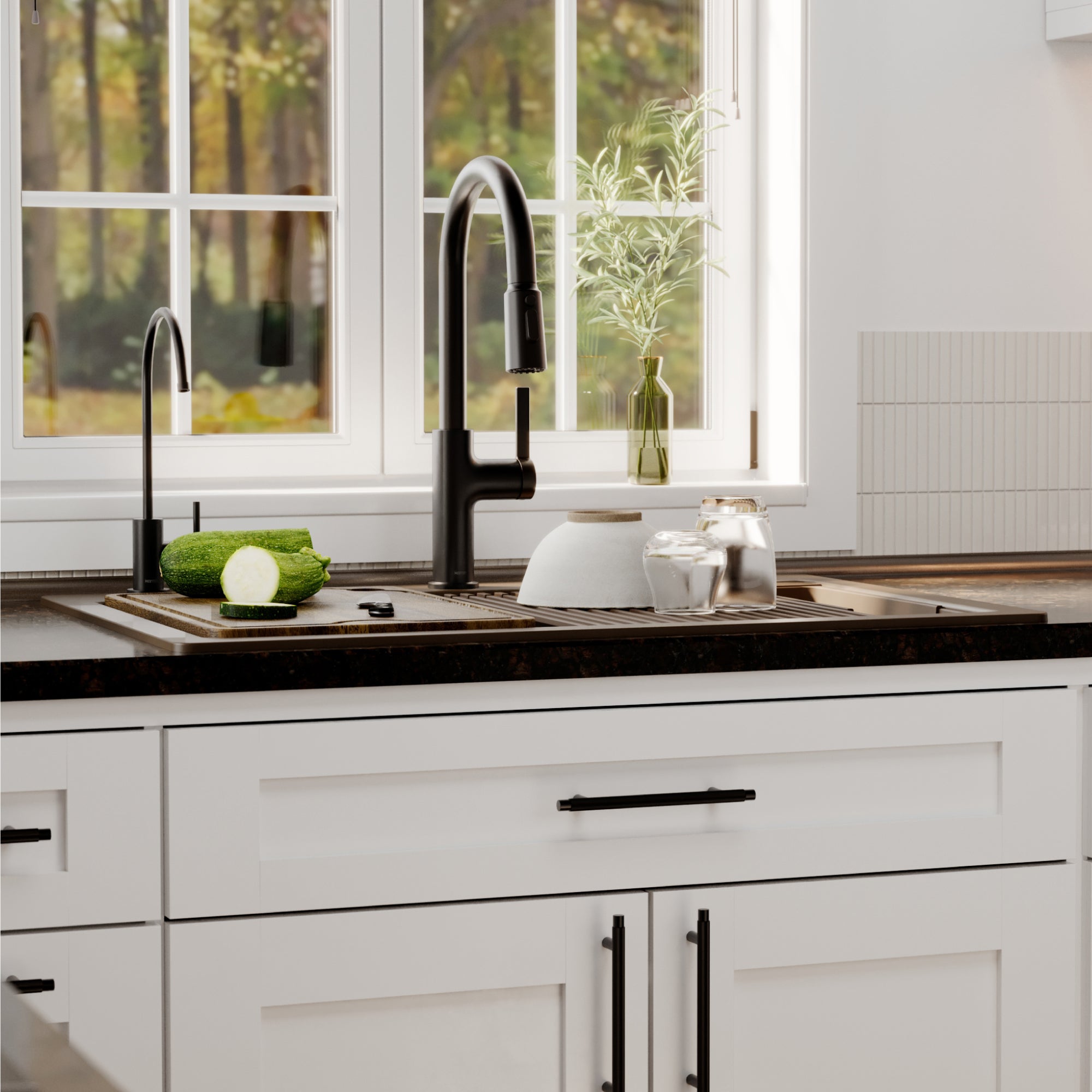 Karran 33 quartz composite workstation kitchen sink 50/50 double bowl brown lifestyle image