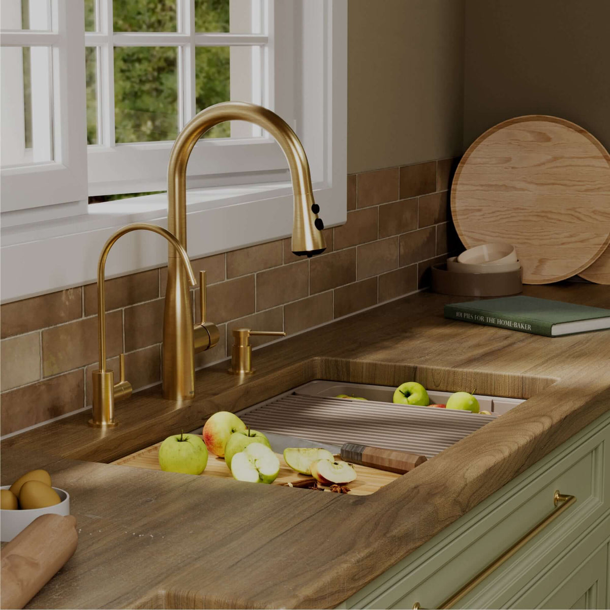 Karran 32 quartz composite workstation kitchen sink 50/50 double bowl concrete lifestyle image