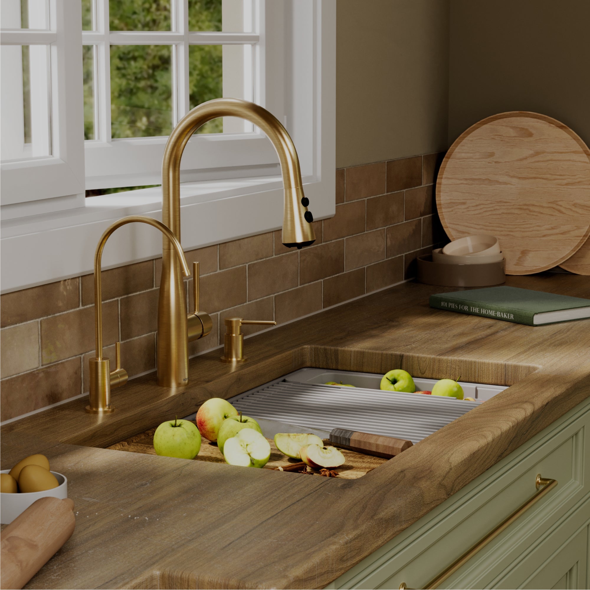 Karran 32 quartz composite workstation kitchen sink 50/50 double bowl grey lifestyle image