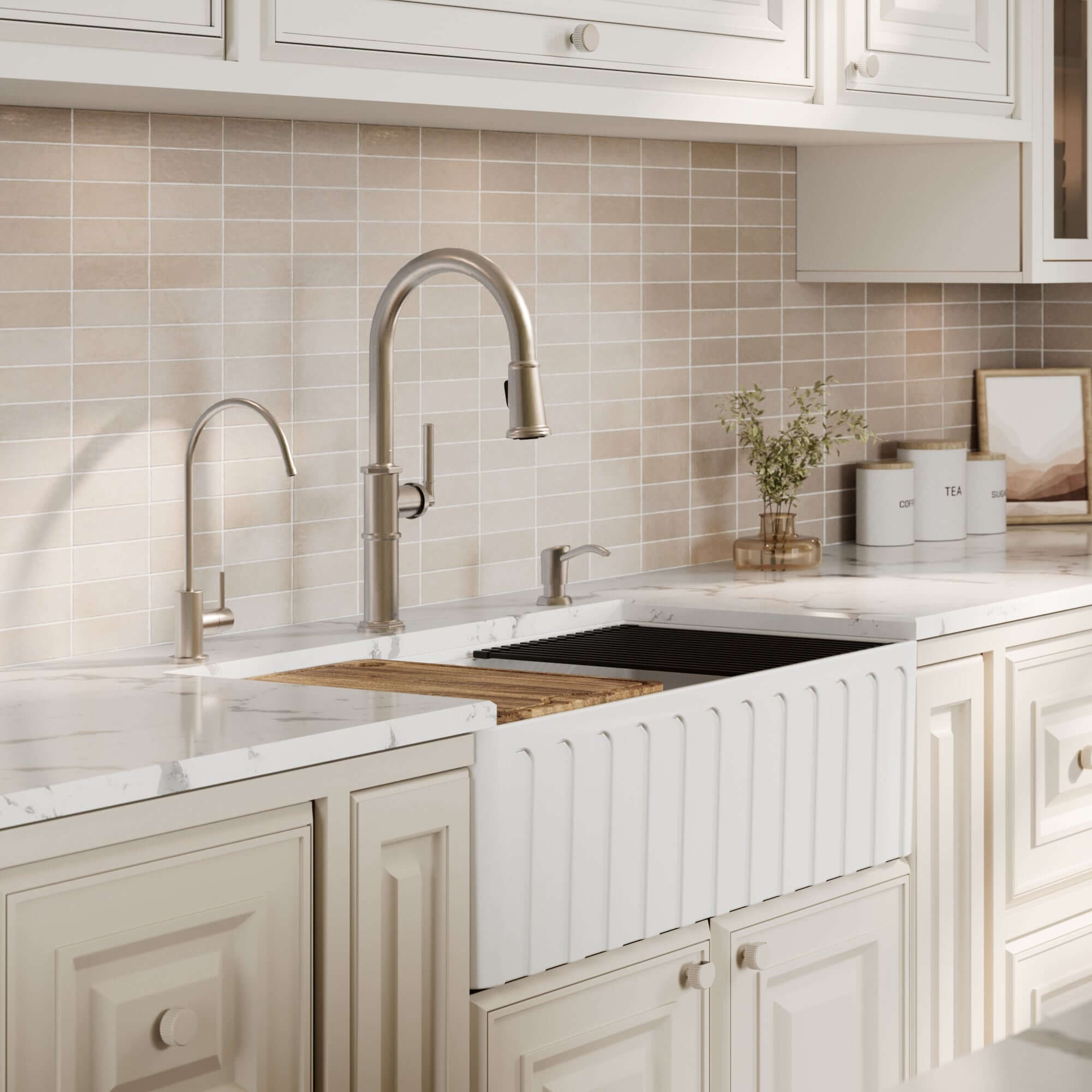 Alternative View of Karran Fireclay 33" Fireclay Workstation Farmhouse Sink with Accessories, 60/40 Double Bowl, White, FCWSF33DBWH-PK1