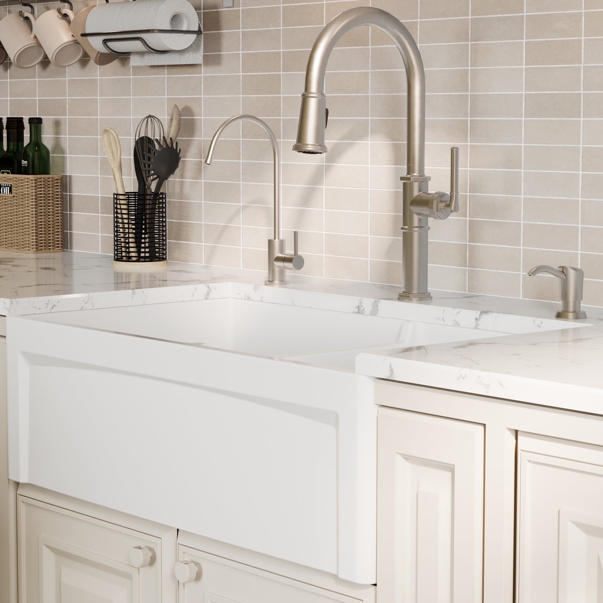 Alternative View of Karran Fireclay 33" Fireclay Farmhouse Sink with Accessories, 60/40 Double Bowl, White, FCP33DBWH