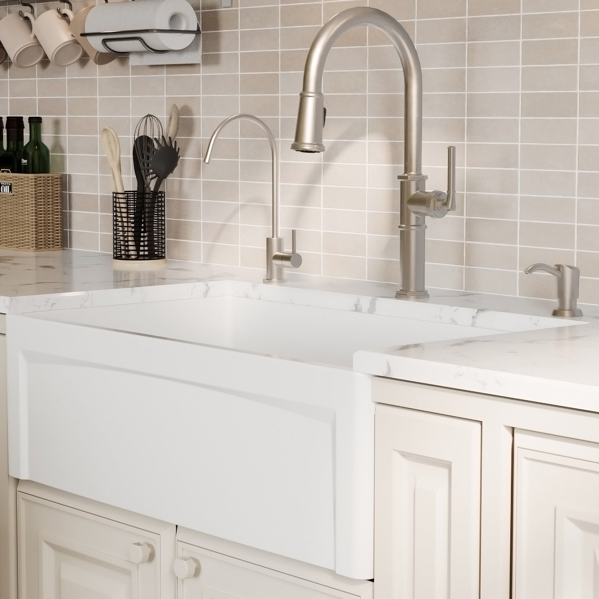 Alternative View of Karran Fireclay 33" Fireclay Farmhouse Sink with Accessories, White, FCP33SBWH