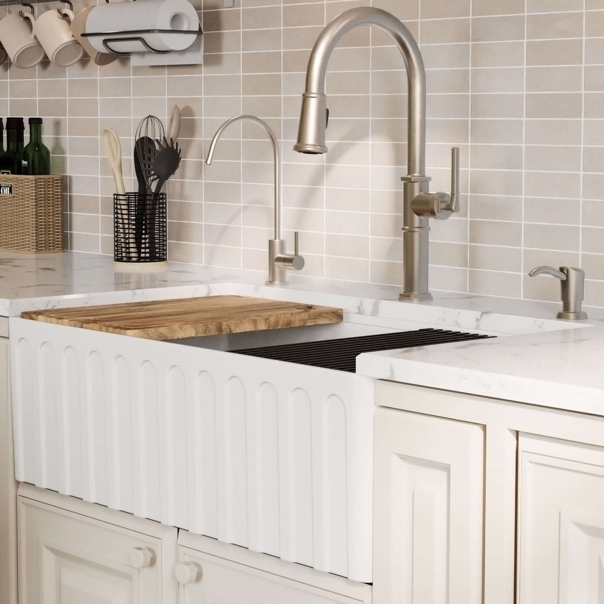 Alternative View of Karran Fireclay 33" Fireclay Workstation Farmhouse Sink with Accessories, White, FCWSF33SBWH-PK1