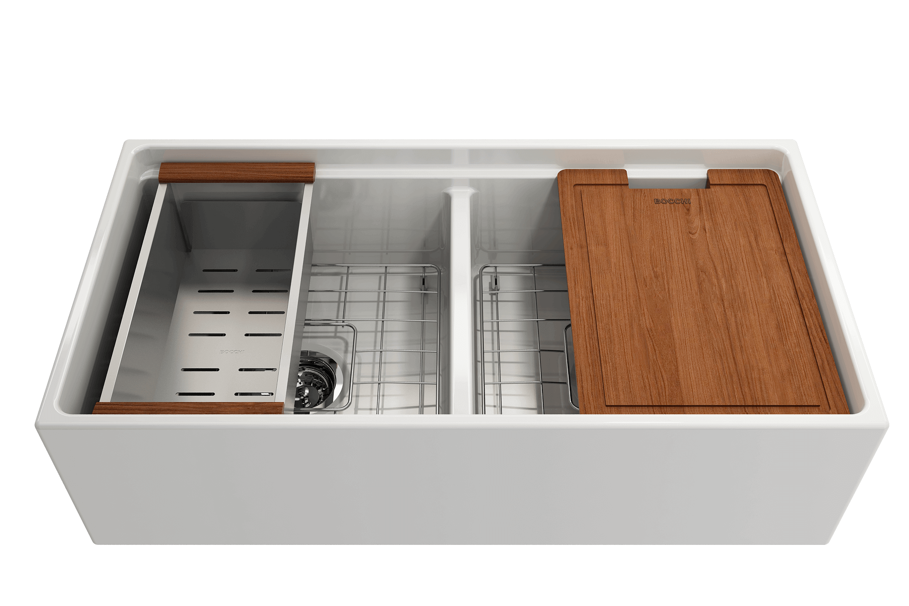 BOCCHI Contempo 36" White Fireclay Workstation Farmhouse Sink Kit with Stainless Steel Faucet and Accessories, 50/50 Double Bowl, 1348-001-2020SS