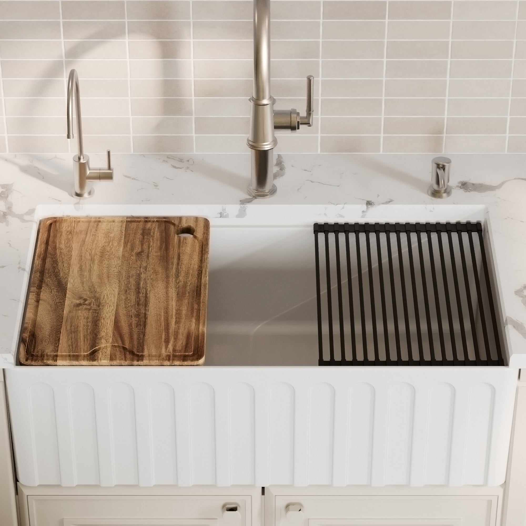 Alternative View of Karran Fireclay 33" Fireclay Workstation Farmhouse Sink with Accessories, White, FCWSF33SBWH-PK1