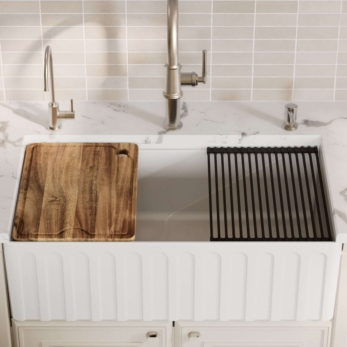 Alternative View of Karran Fireclay 33" Fireclay Workstation Farmhouse Sink with Accessories, White, FCWSF33SBWH-PK1