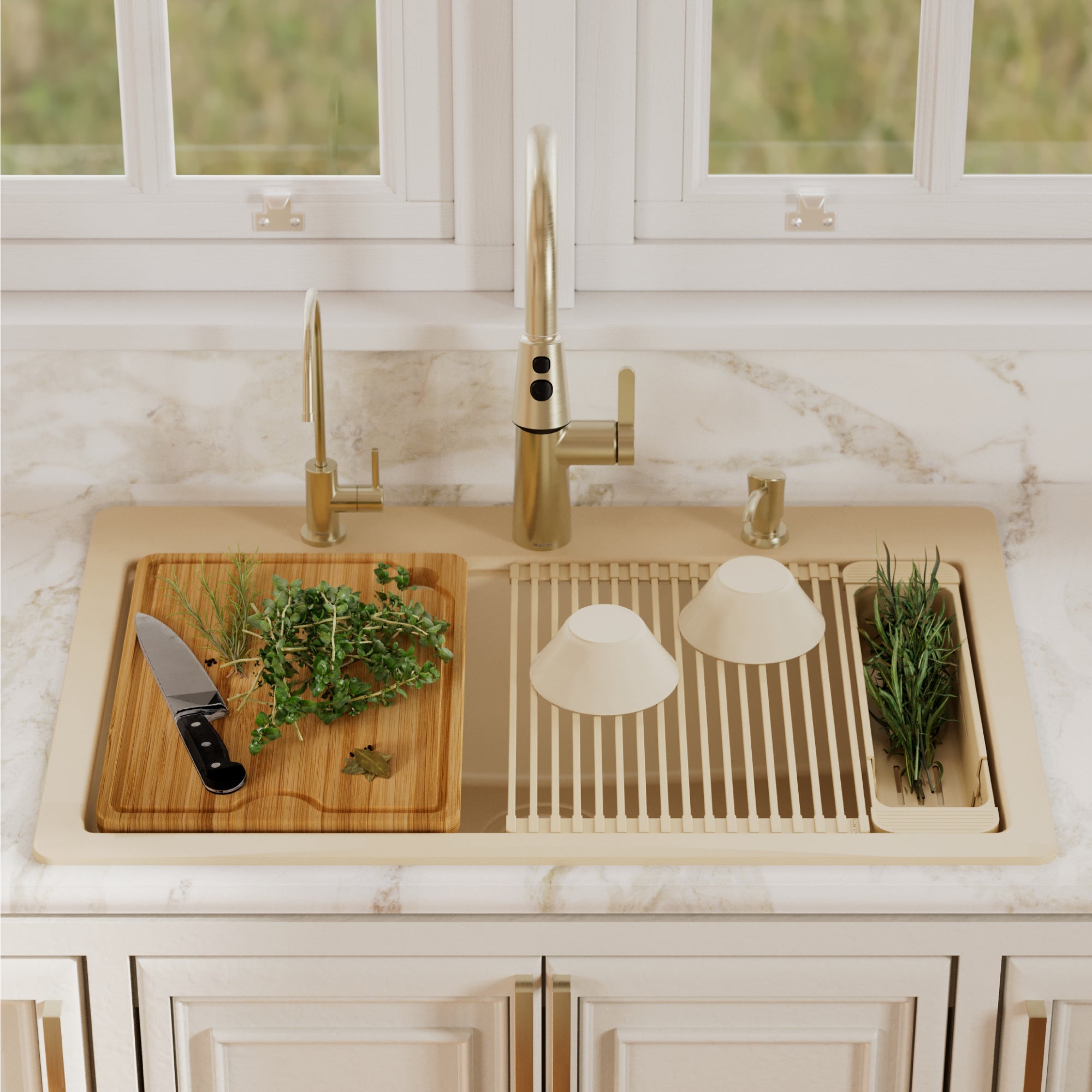 Karran 33 quartz composite workstation kitchen sink bisque lifestyle image