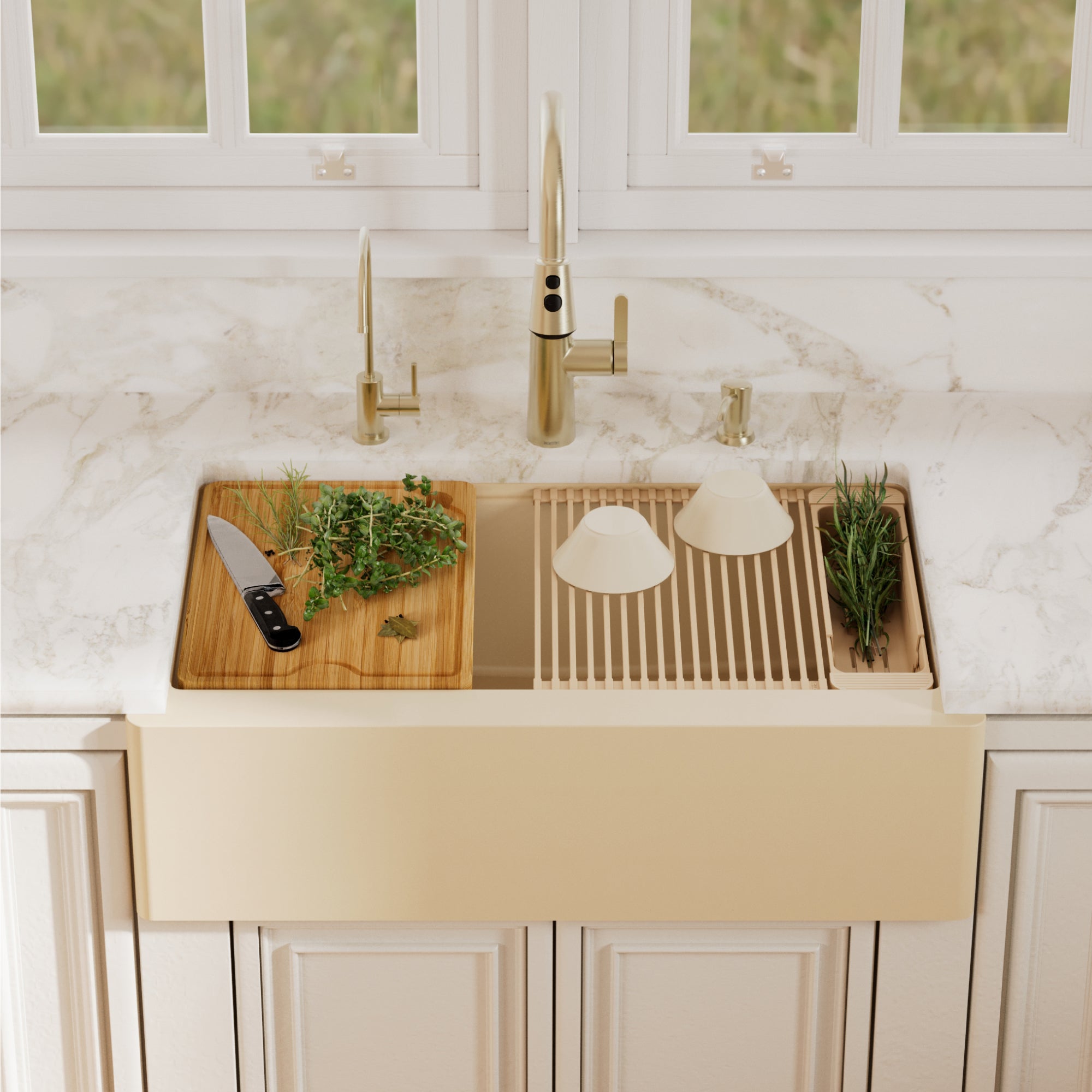 Karran 34 quartz composite workstation farmhouse sink bisque lifestyle image