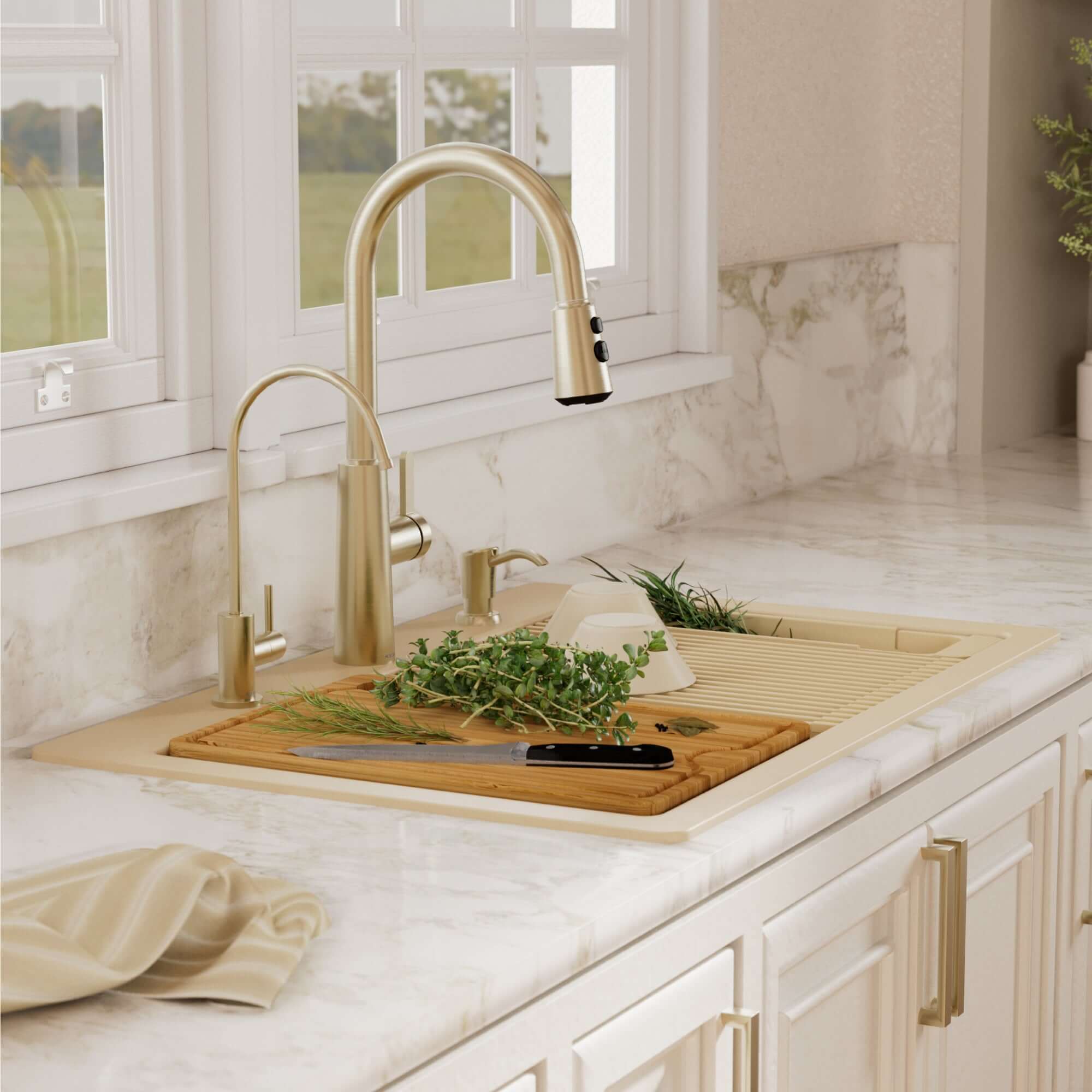 Karran 33 quartz composite workstation kitchen sink 50/50 double bowl bisque lifestyle image