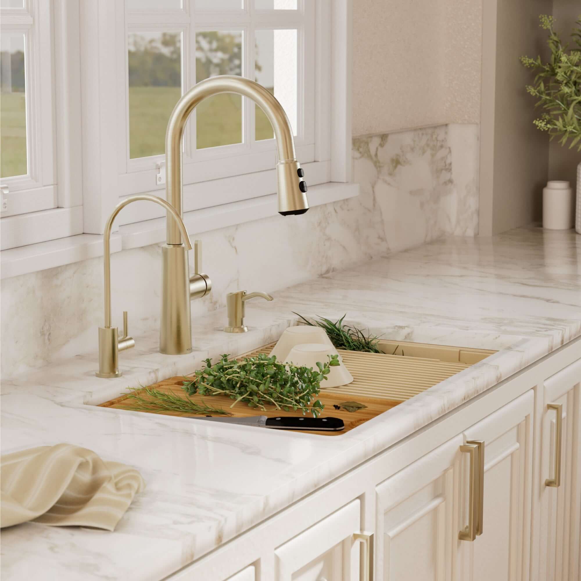 Karran 32 quartz composite workstation kitchen sink bisque lifestyle image