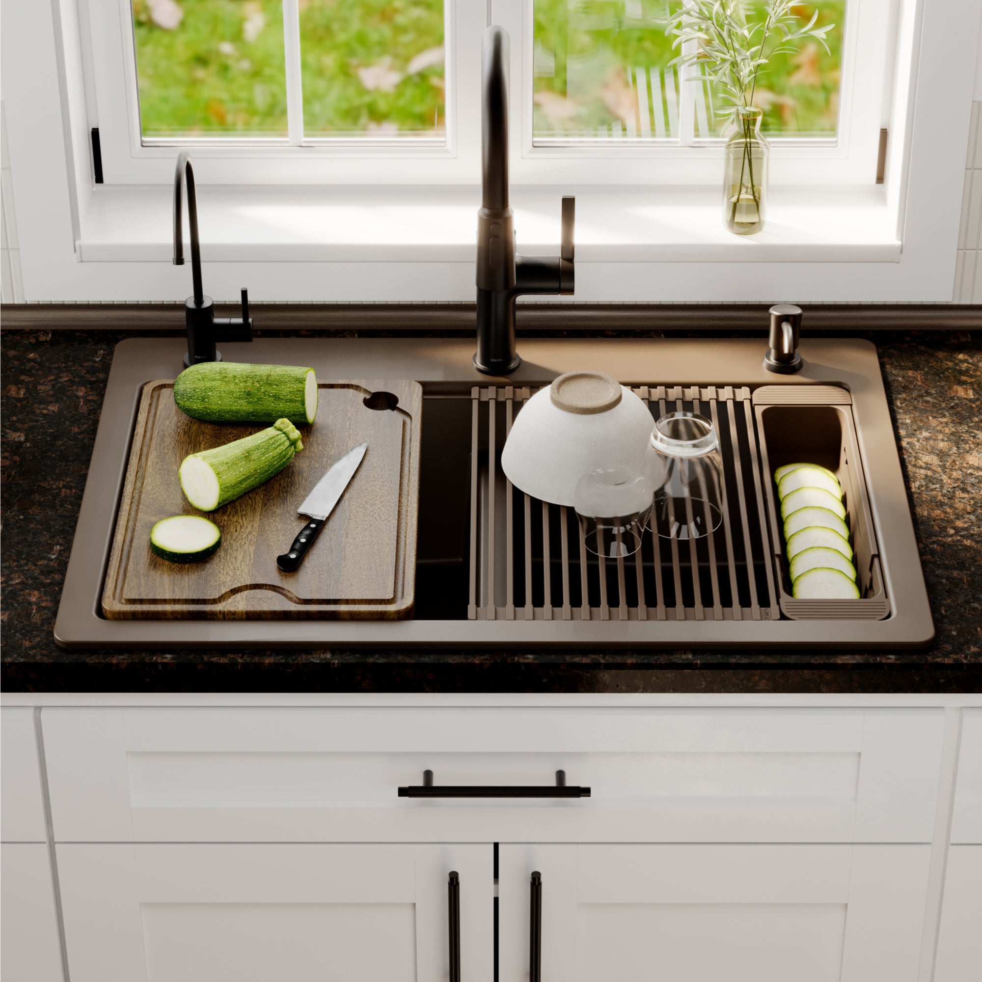 Karran 33 quartz composite workstation kitchen sink 50/50 double bowl brown lifestyle image