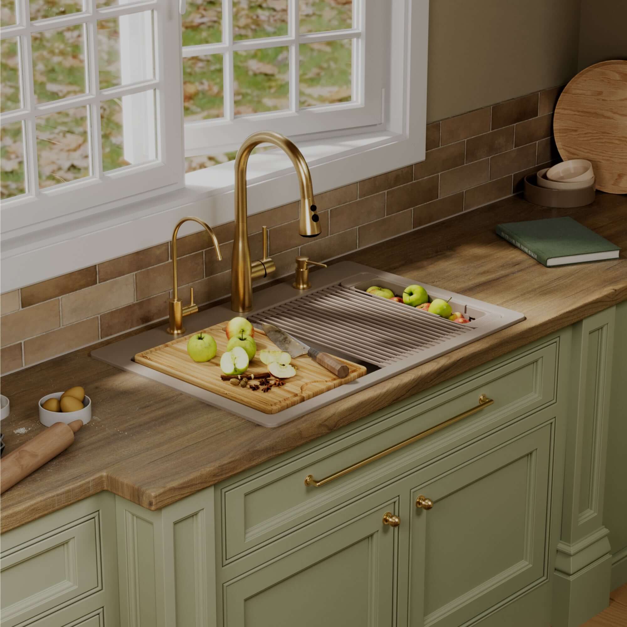 Karran 33 quartz composite workstation kitchen sink concrete lifestyle image