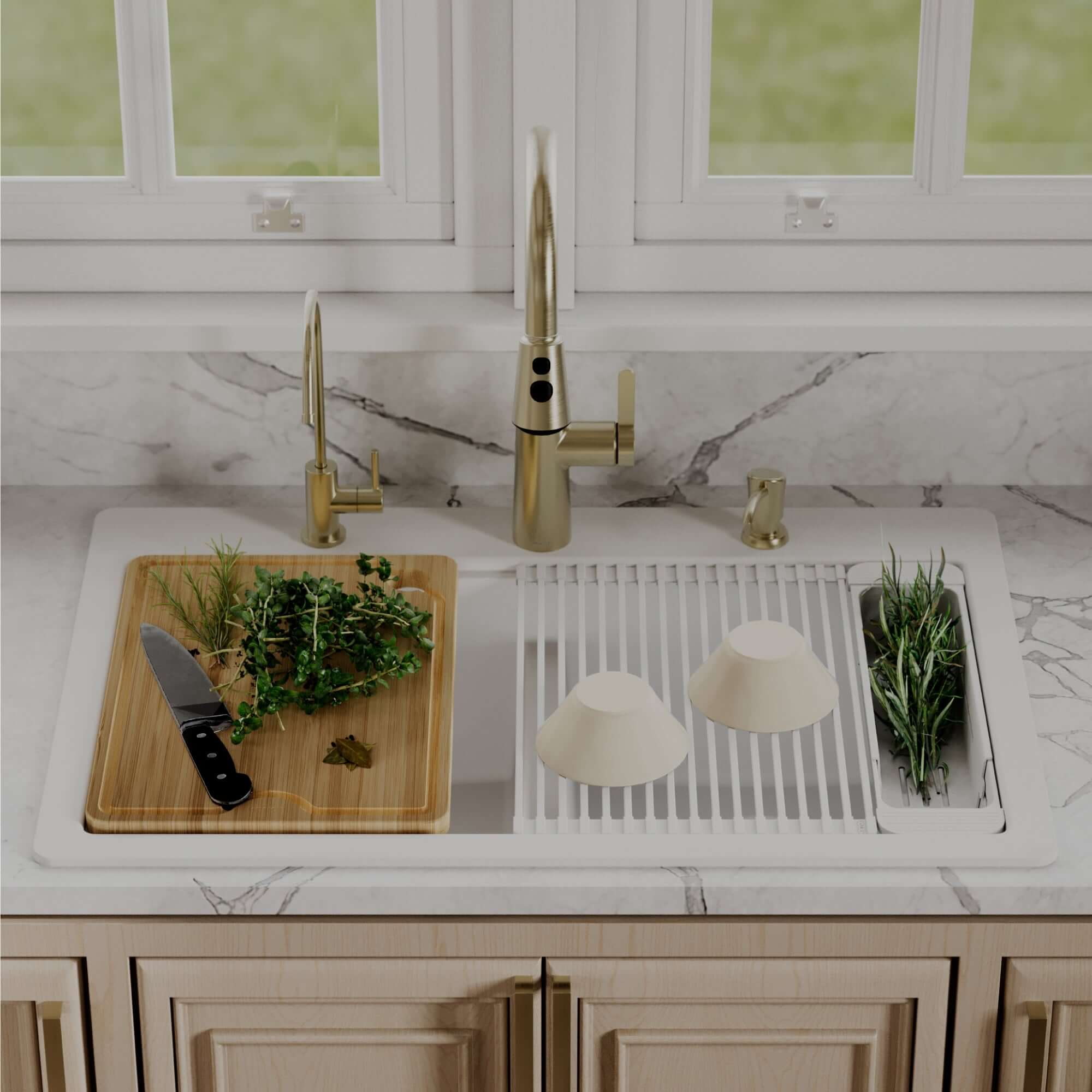 Karran 33 quartz composite workstation kitchen sink 50/50 double bowl white lifestyle image