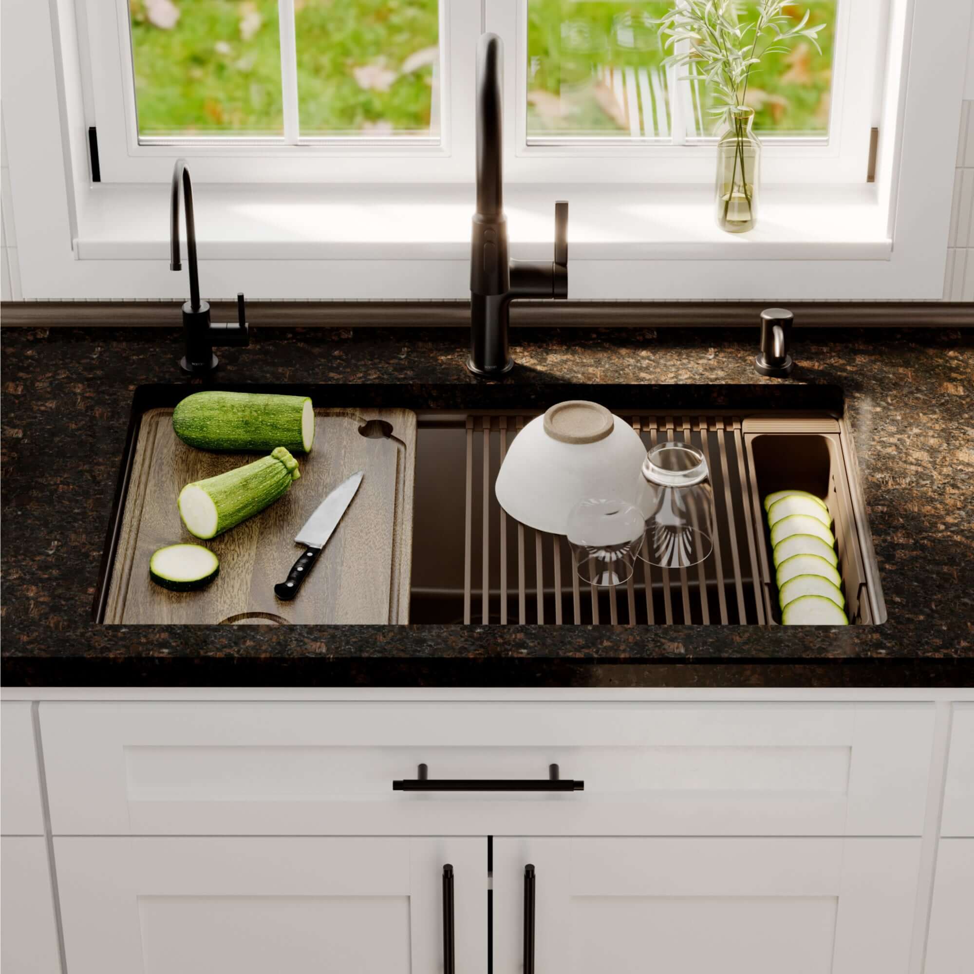Karran 32 quartz composite workstation kitchen sink brown lifestyle image