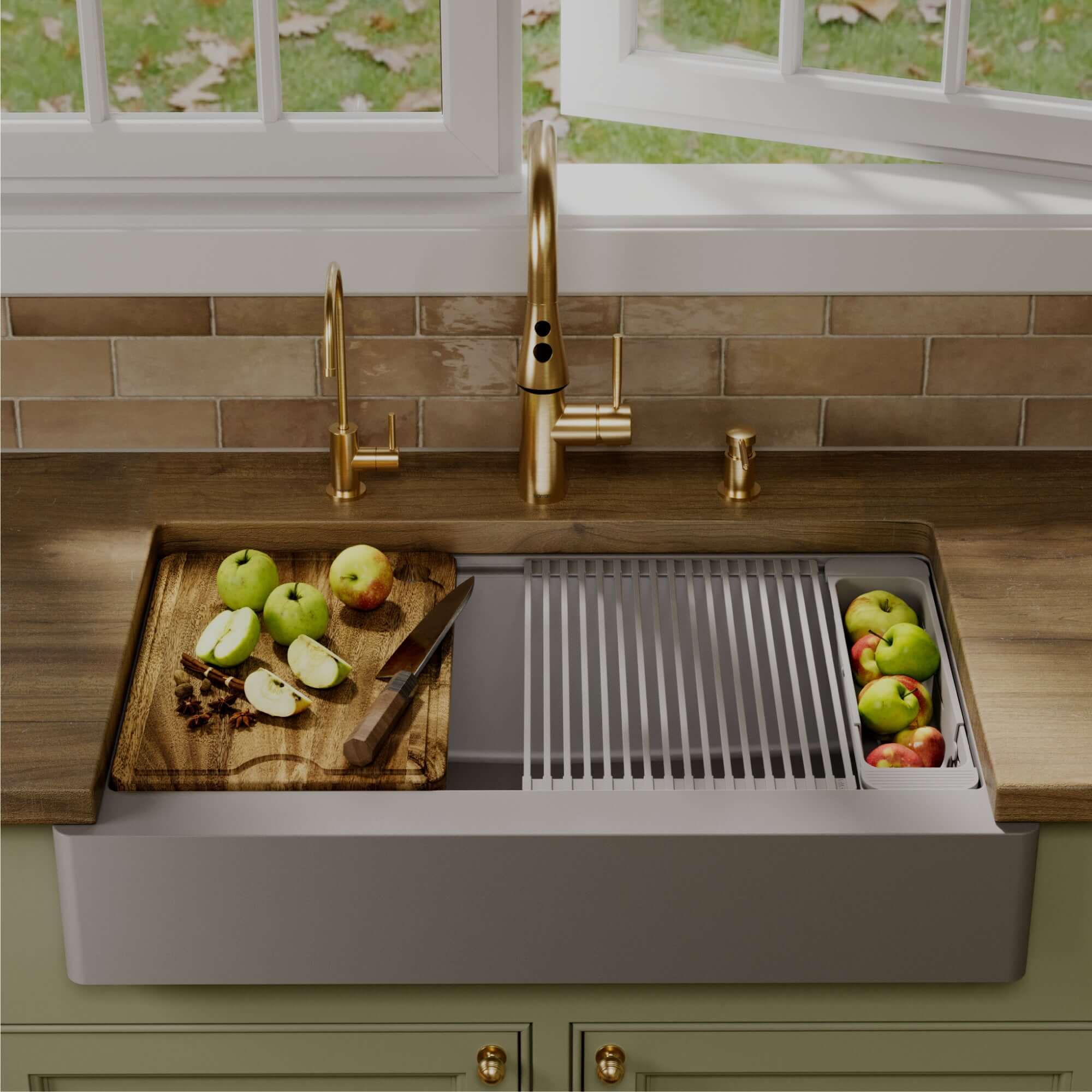 Karran 34 quartz composite retrofit workstation farmhouse sink grey lifestyle image