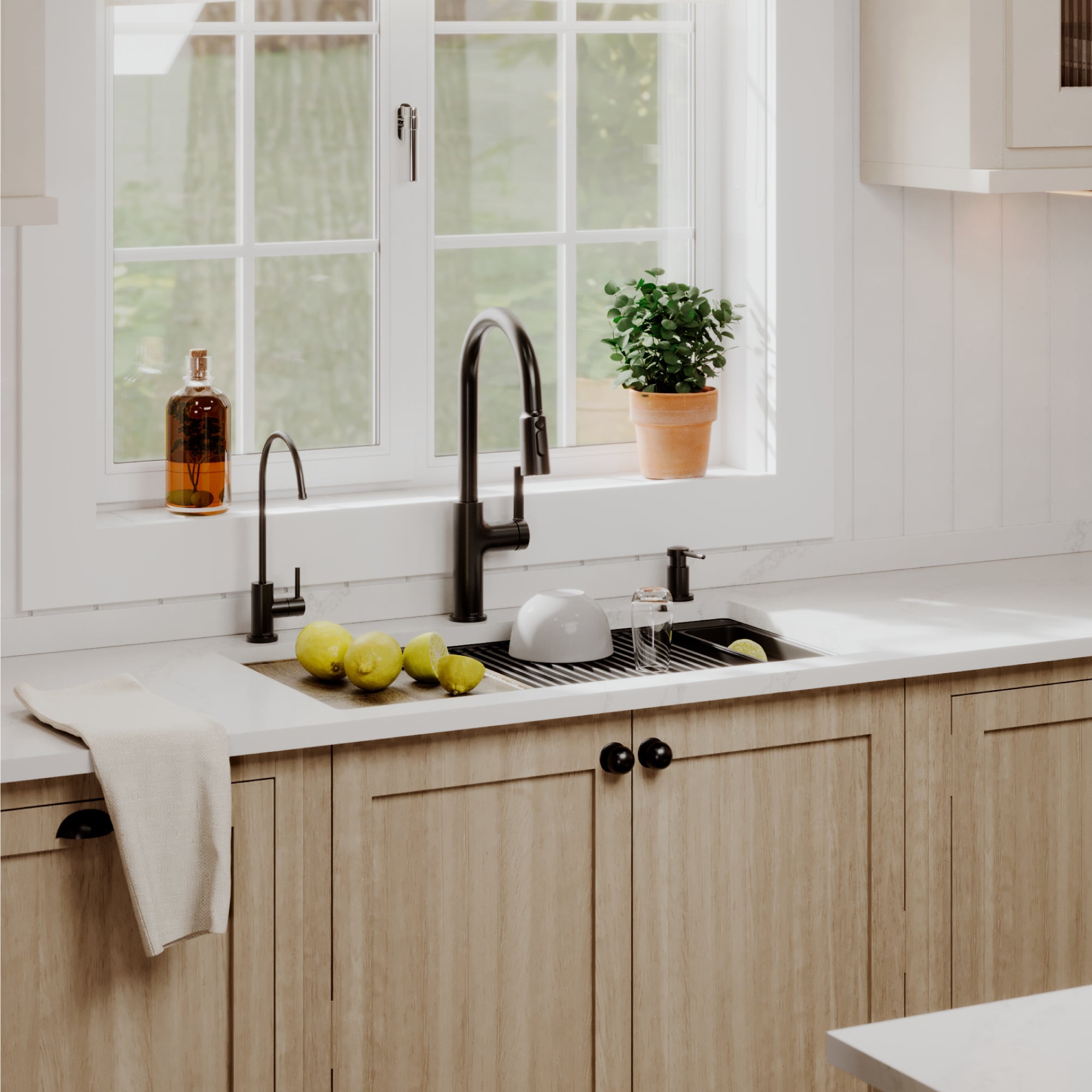 Karran 32 quartz composite workstation kitchen sink 50/50 double bowl black lifestyle image