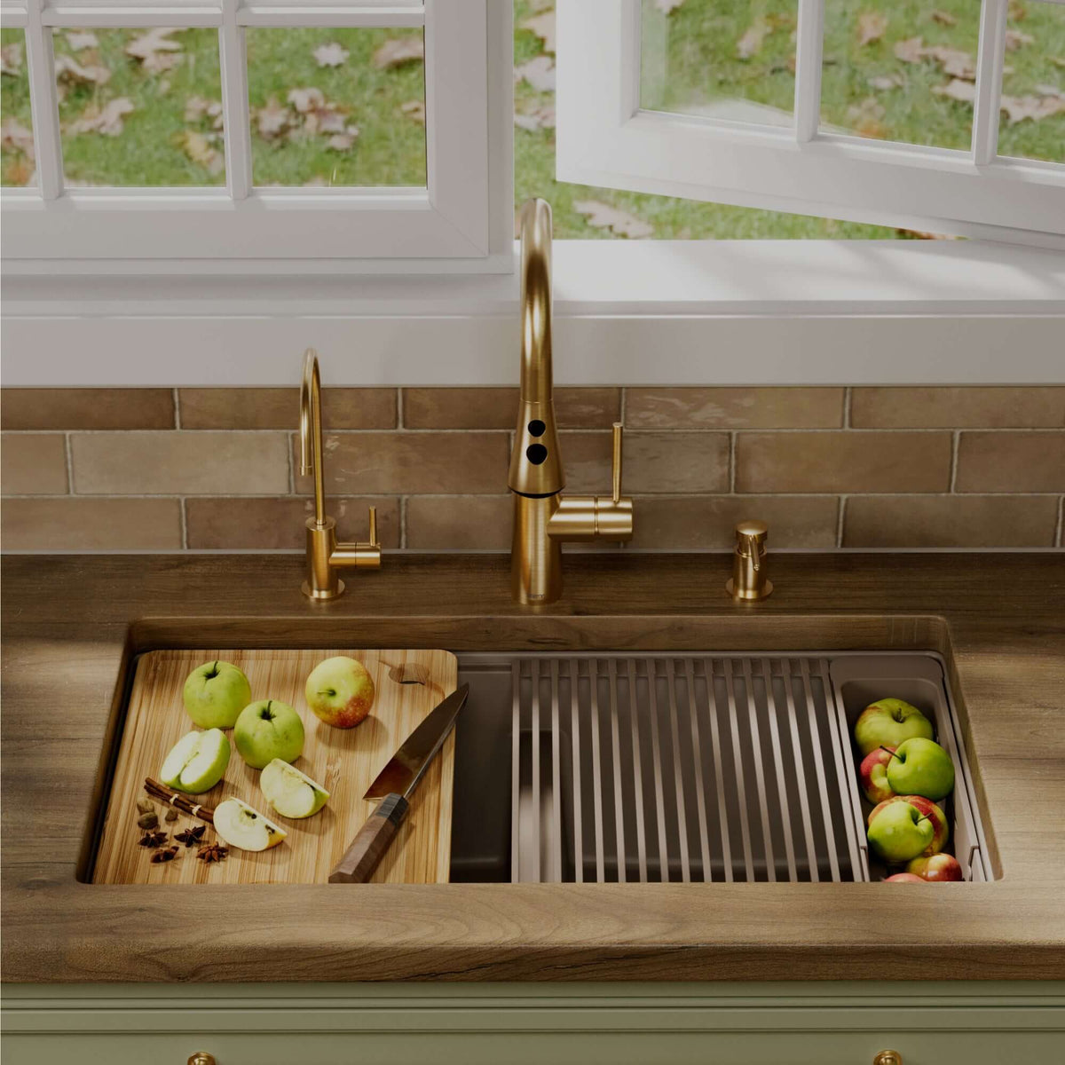 Karran 32 quartz composite workstation kitchen sink 50/50 double bowl concrete lifestyle image