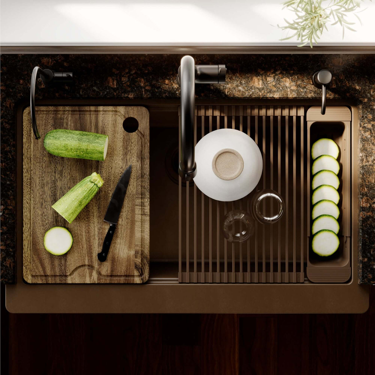 Karran 34 quartz composite retrofit workstation farmhouse sink brown lifestyle image