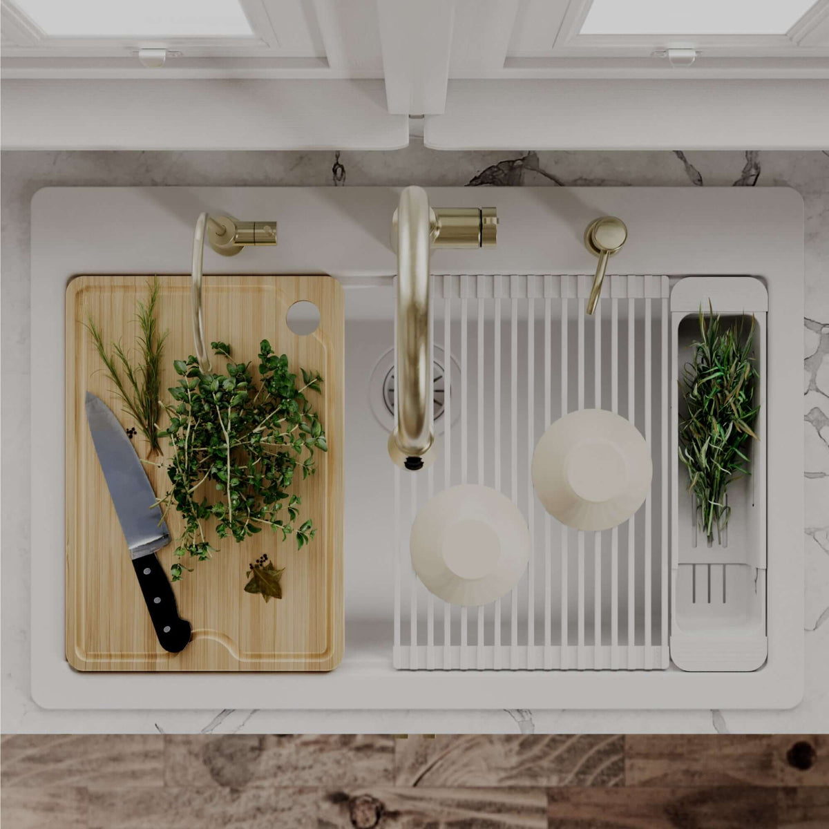 Karran 33 quartz composite workstation kitchen sink white lifestyle image