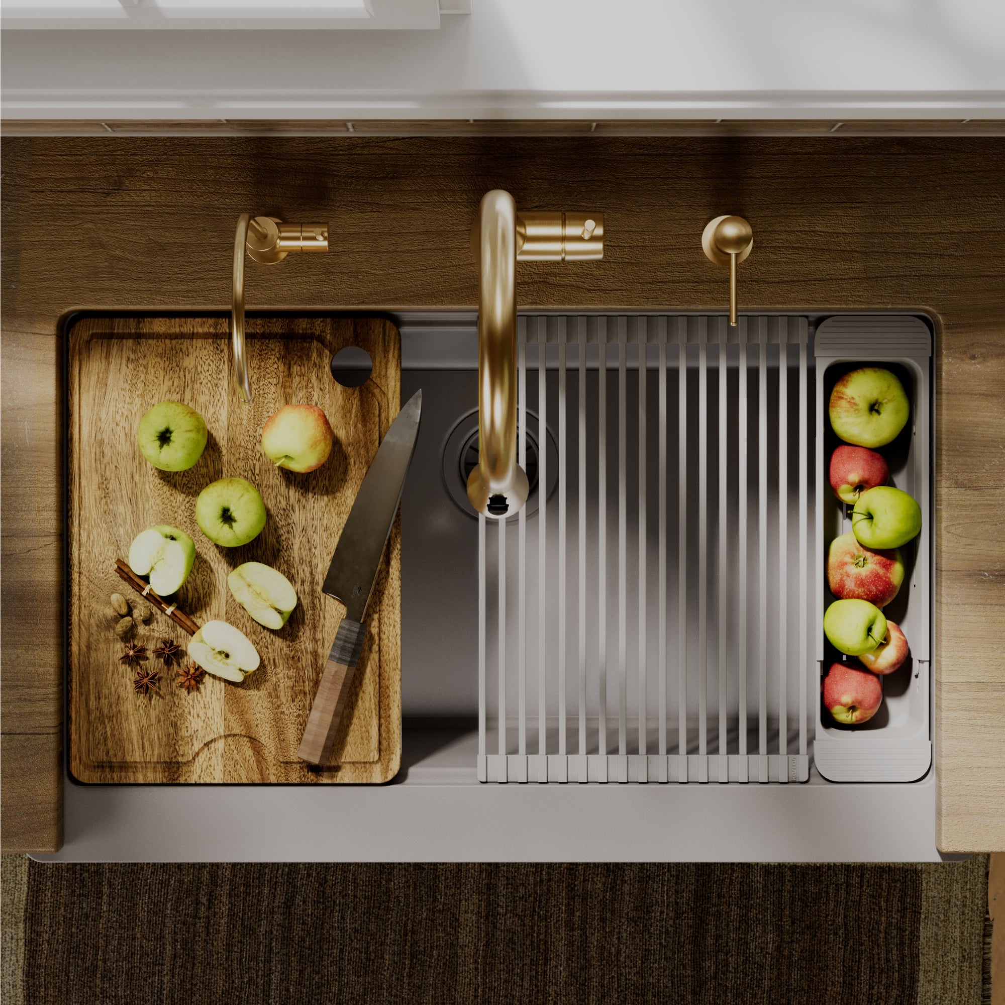 Karran 34 quartz composite workstation farmhouse sink grey lifestyle image