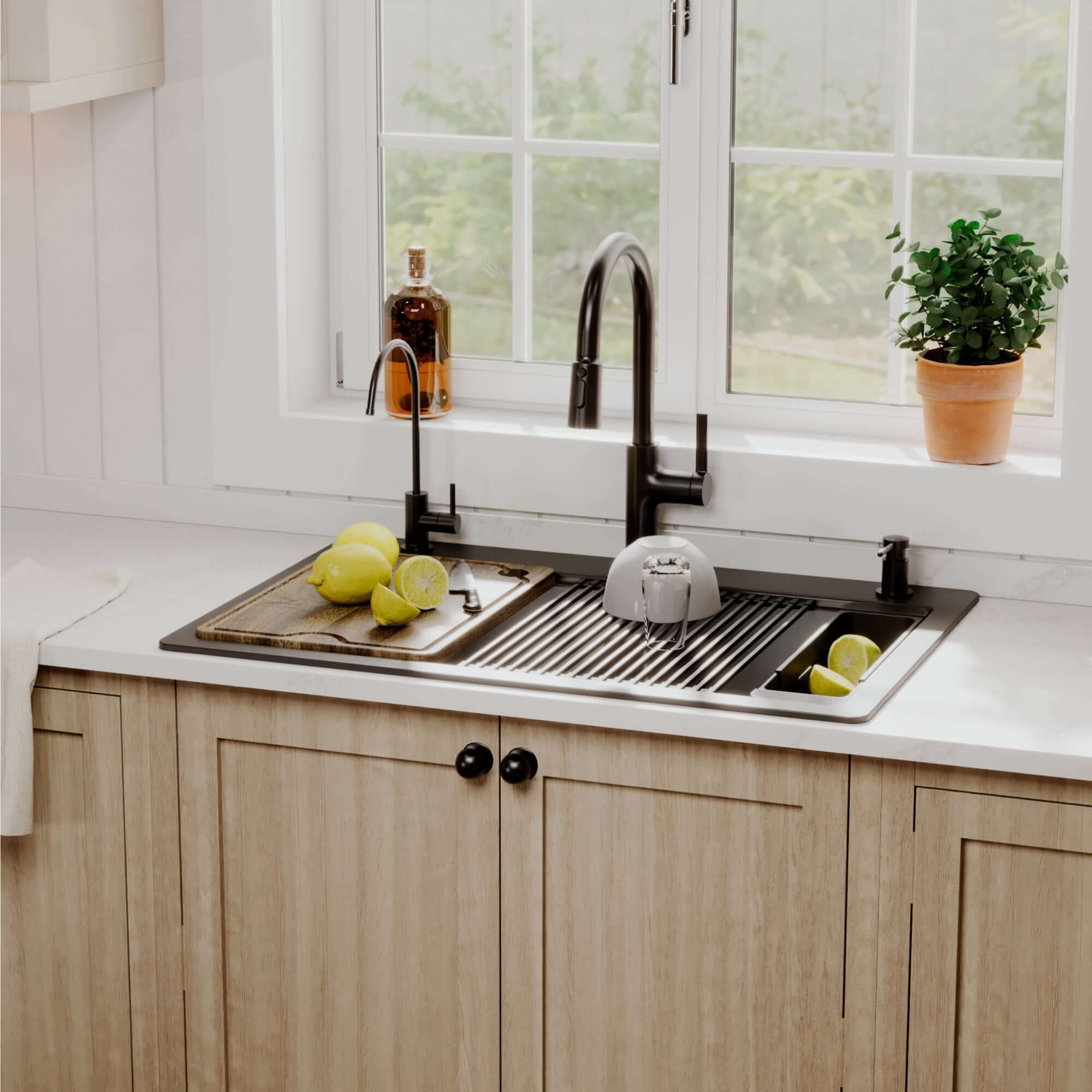 Karran 33 quartz composite workstation kitchen sink 50/50 double bowl black lifestyle image