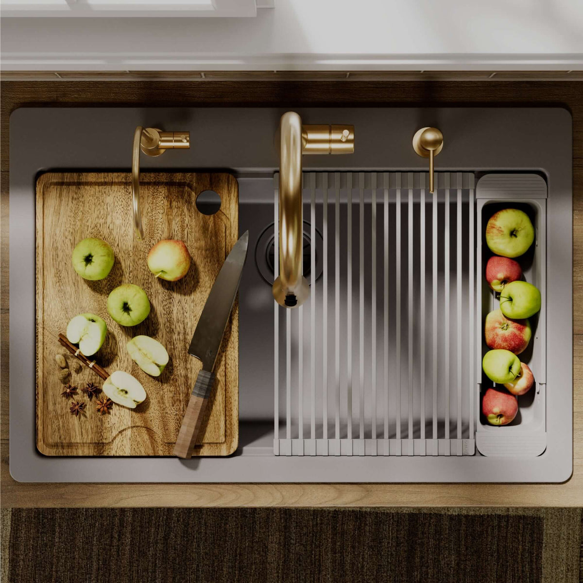Karran 33 quartz composite workstation kitchen sink grey lifestyle image