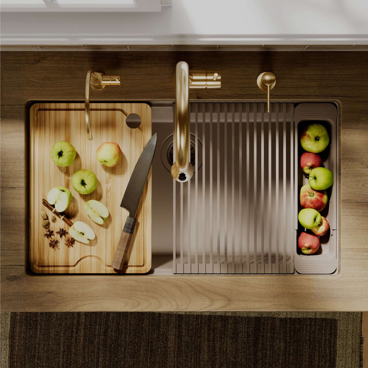Karran 32 quartz composite workstation kitchen sink concrete lifestyle image