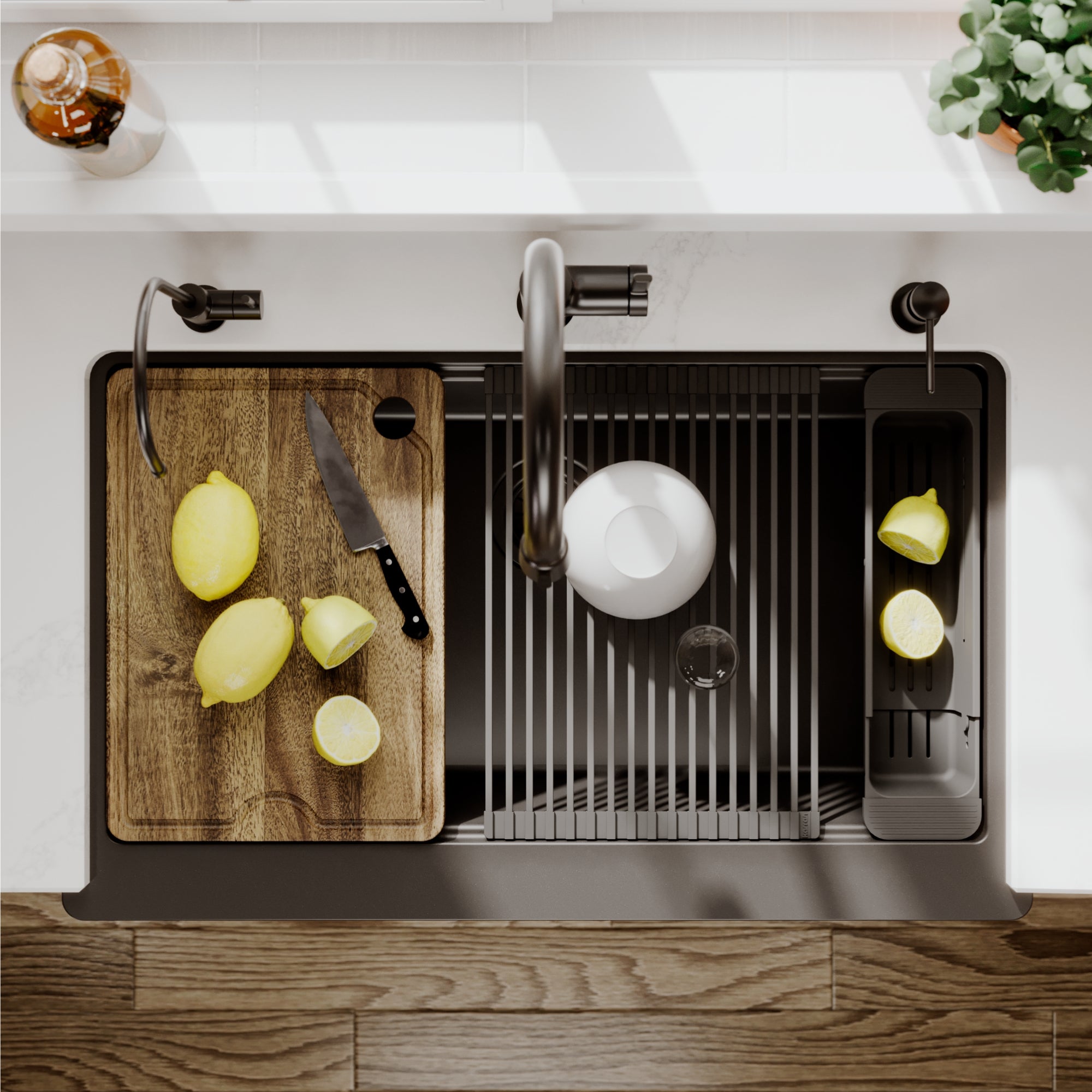 Karran 34 quartz composite retrofit workstation farmhouse sink black lifestyle image