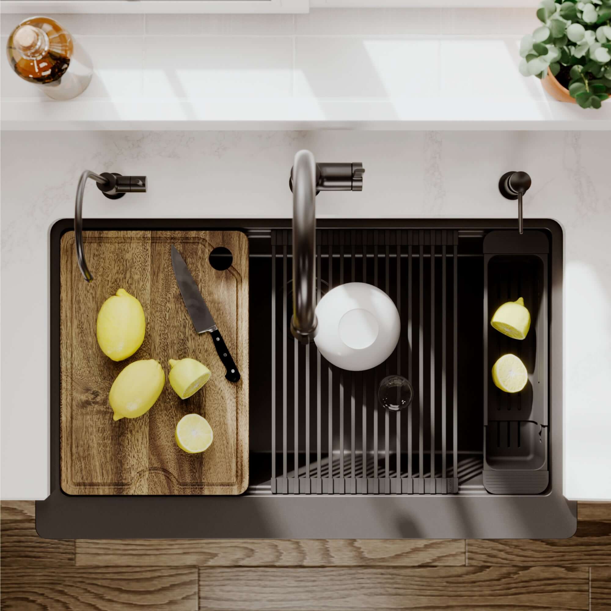 Karran 34 quartz composite workstation farmhouse sink black lifestyle image