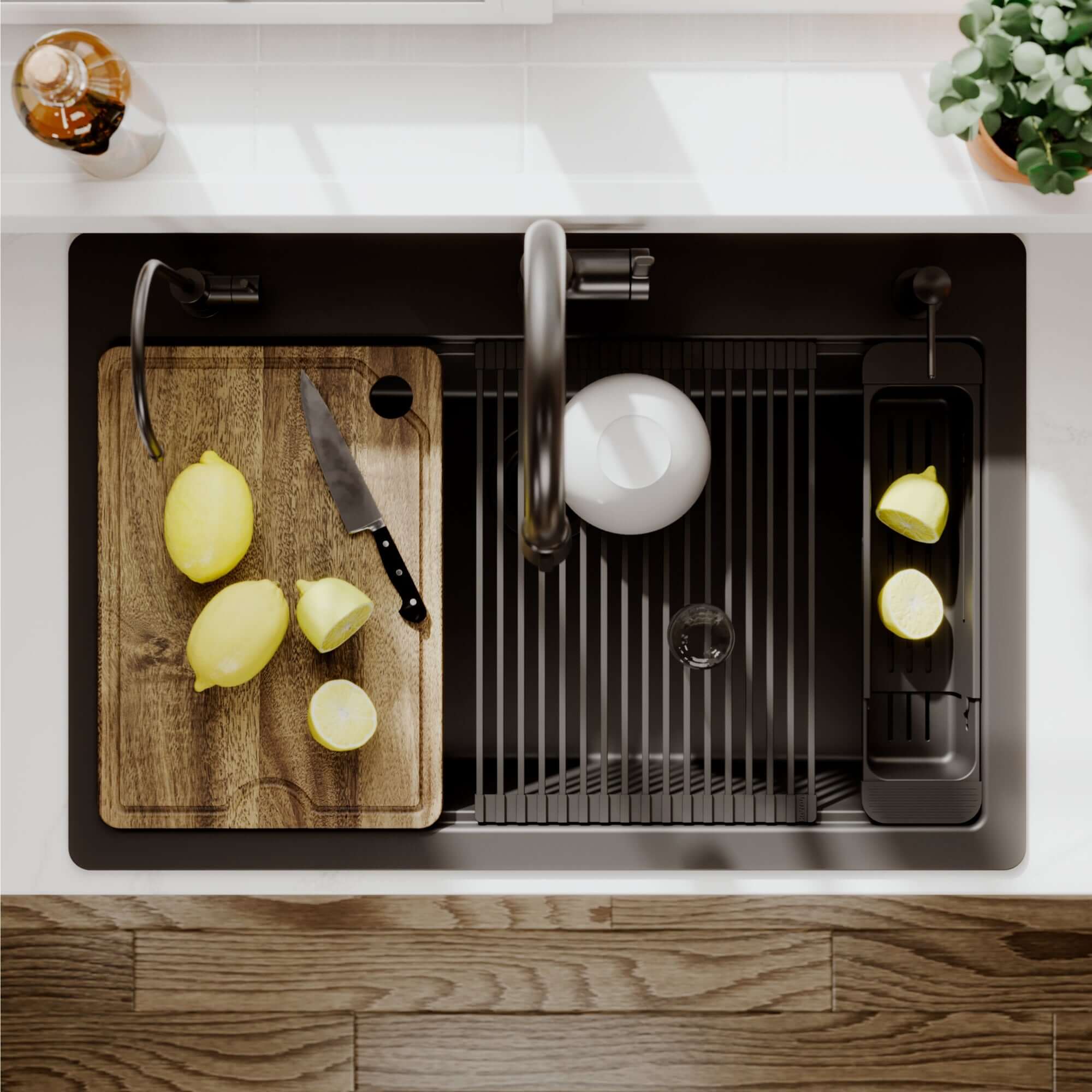 Karran 33 quartz composite workstation kitchen sink black lifestyle image