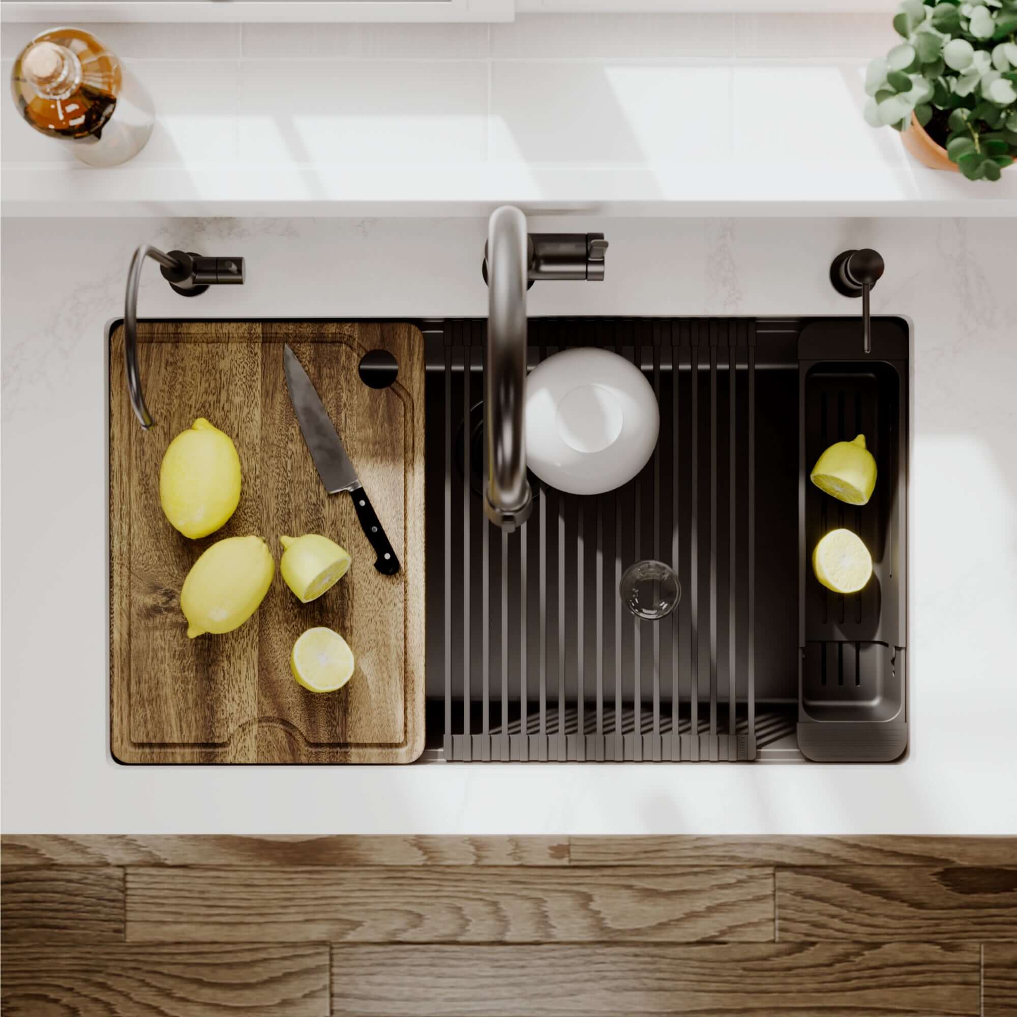 Karran 32 quartz composite workstation kitchen sink black lifestyle image