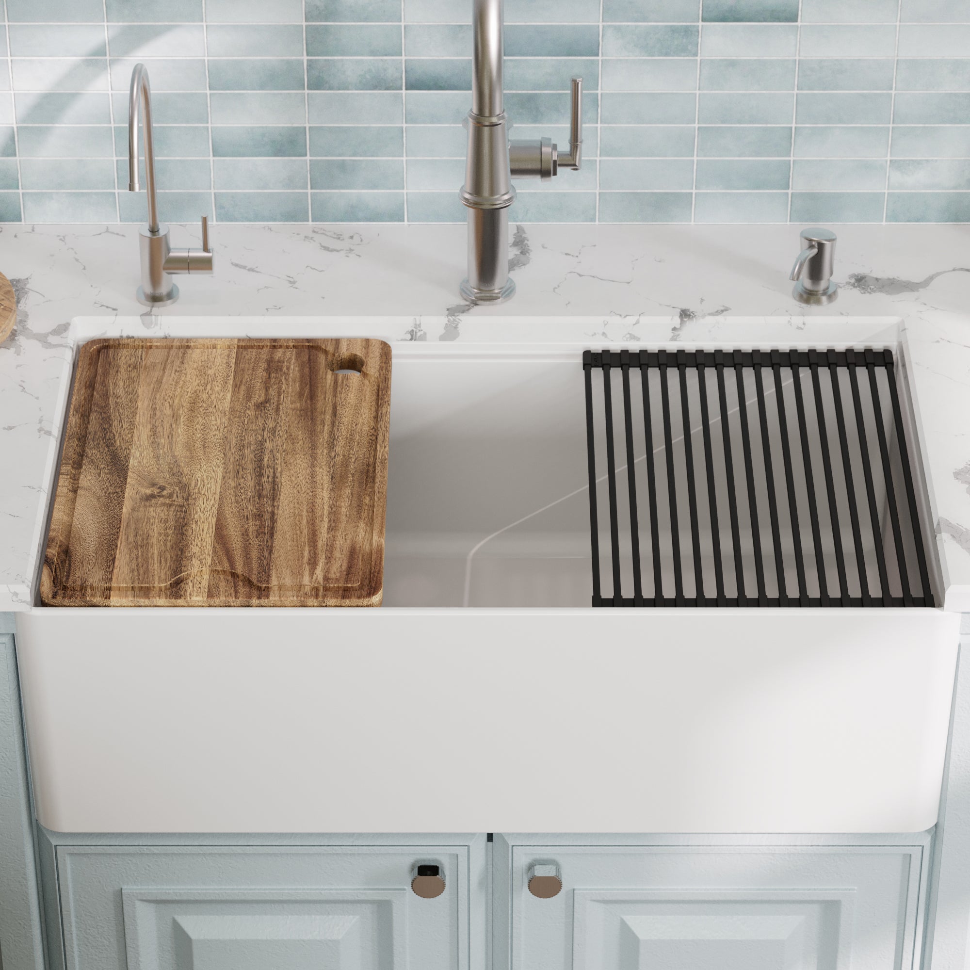 Alternative View of Karran Fireclay 33" Fireclay Workstation Farmhouse Sink with Accessories, White, FCWSF33SBWH-PK1